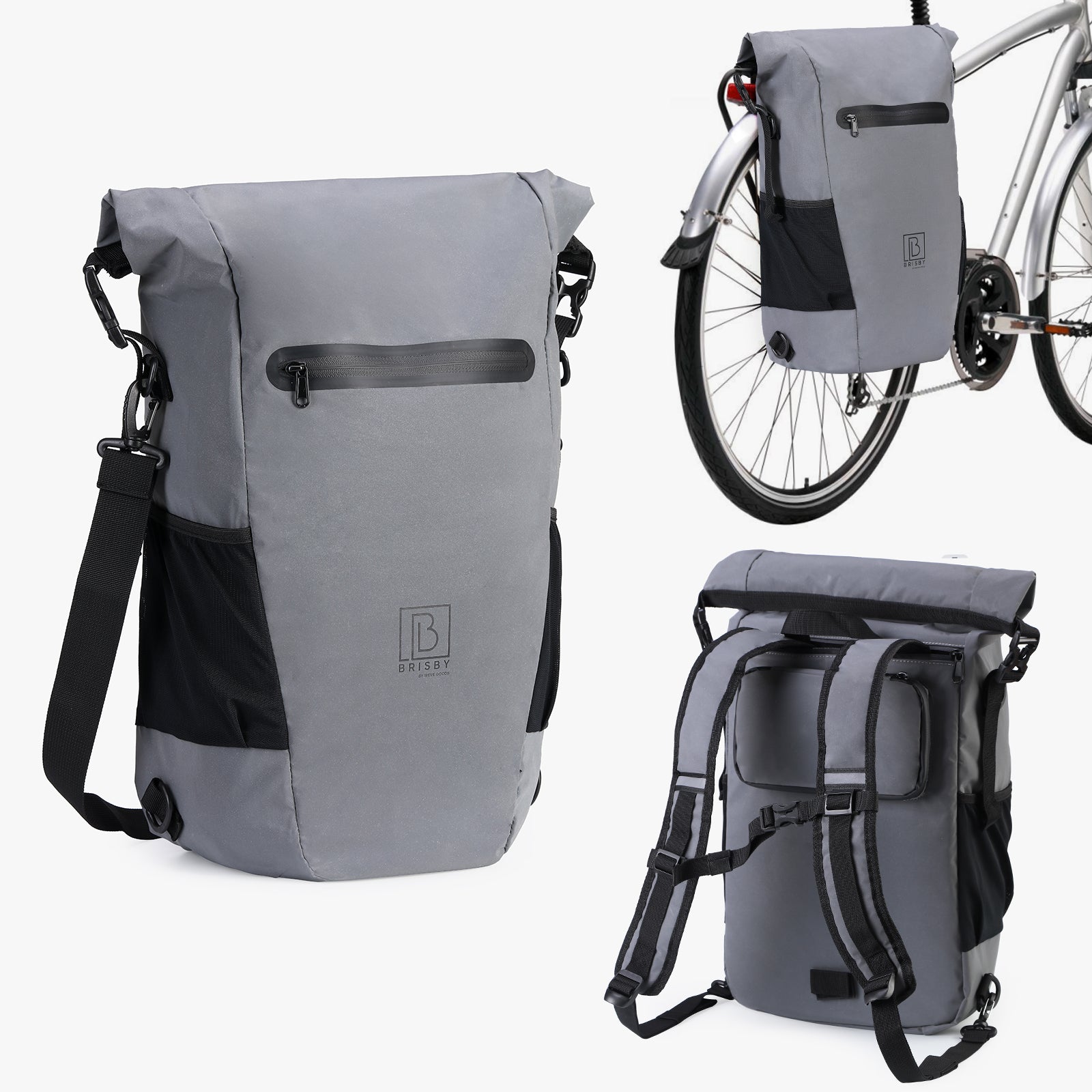 3 in 1 waterproof rolltop bicycle bag set 40-52L gray - 100% reflection - high visibility - bicycle bag - backpack - shoulder bag