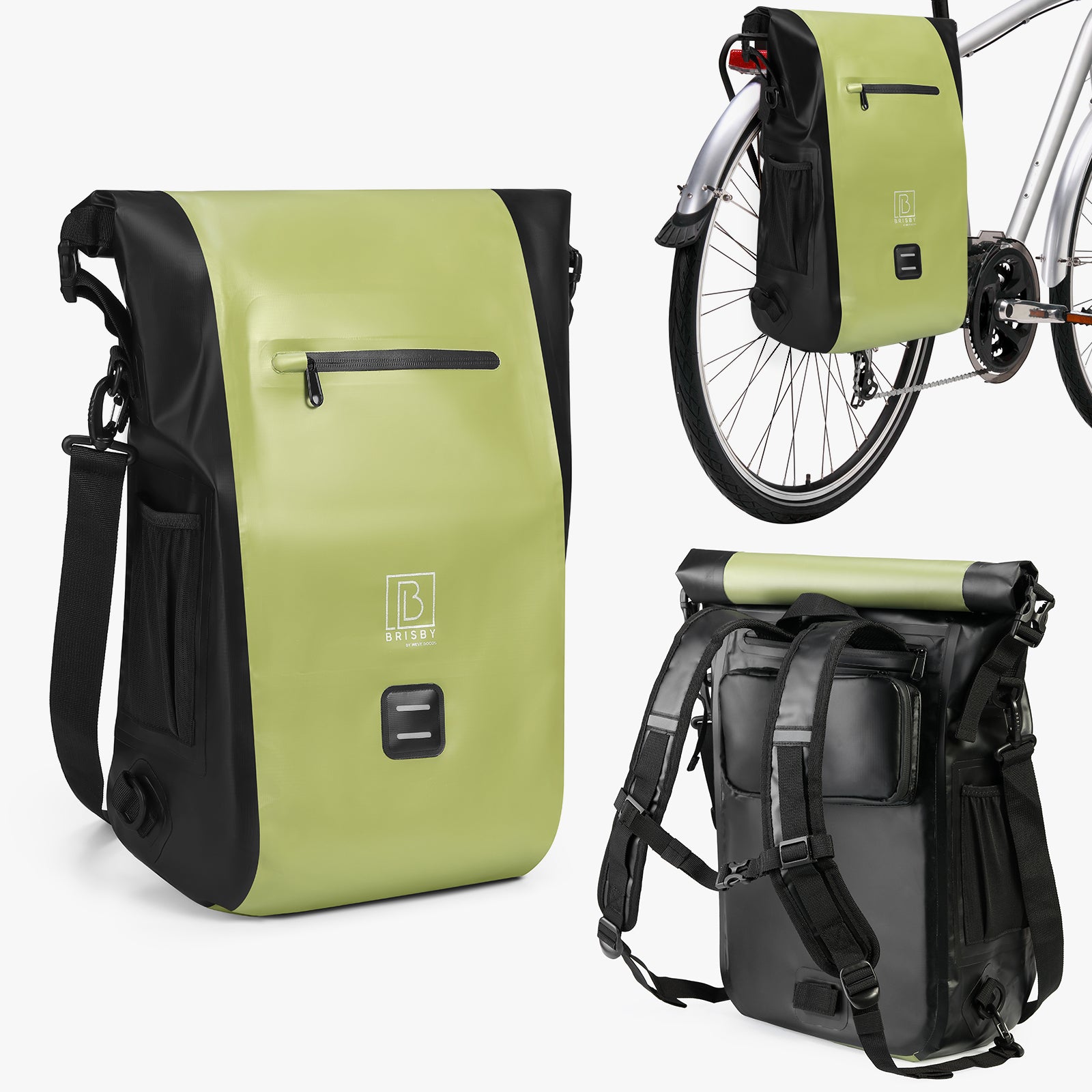 3 in 1 waterproof rolltop bicycle bag 20-26L Green - reflective - high visibility - bicycle bag - backpack - shoulder bag