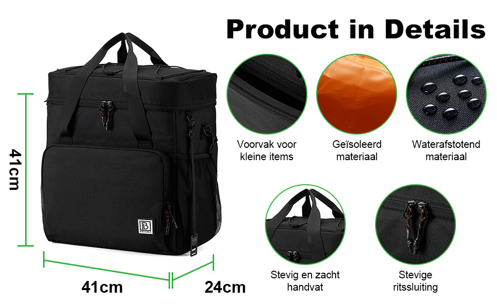 Koeltas 40L zwart-oranje binnenzijde - Lunchtas - 4-laags geïsoleerd - incl. 6 gratis koelelementen en schouderband