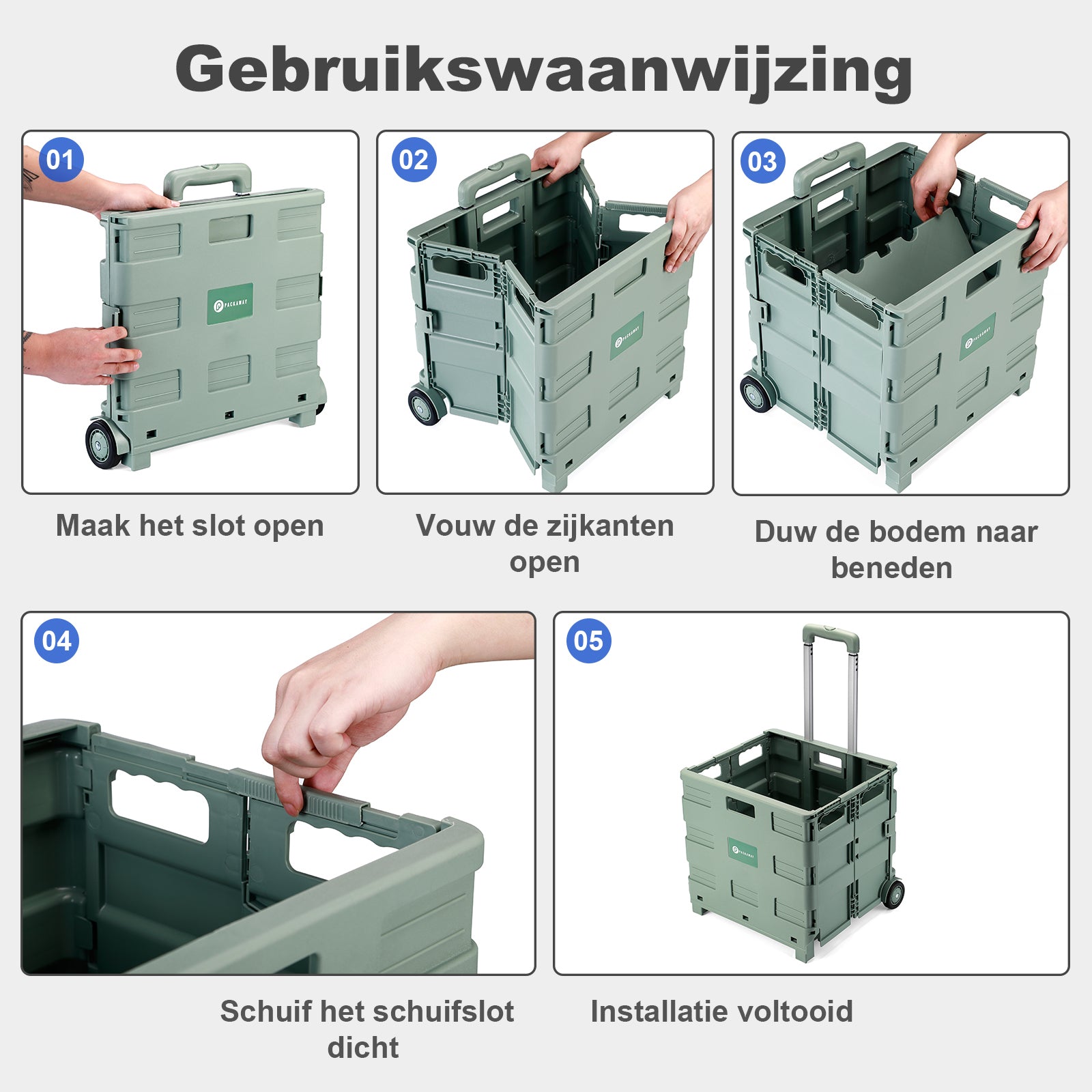 Packaway XL Foldable Shopping Trolley with wheels - Shopping crate - Storage box - Shopping trolley - Folding crate - 50 Liters - Green