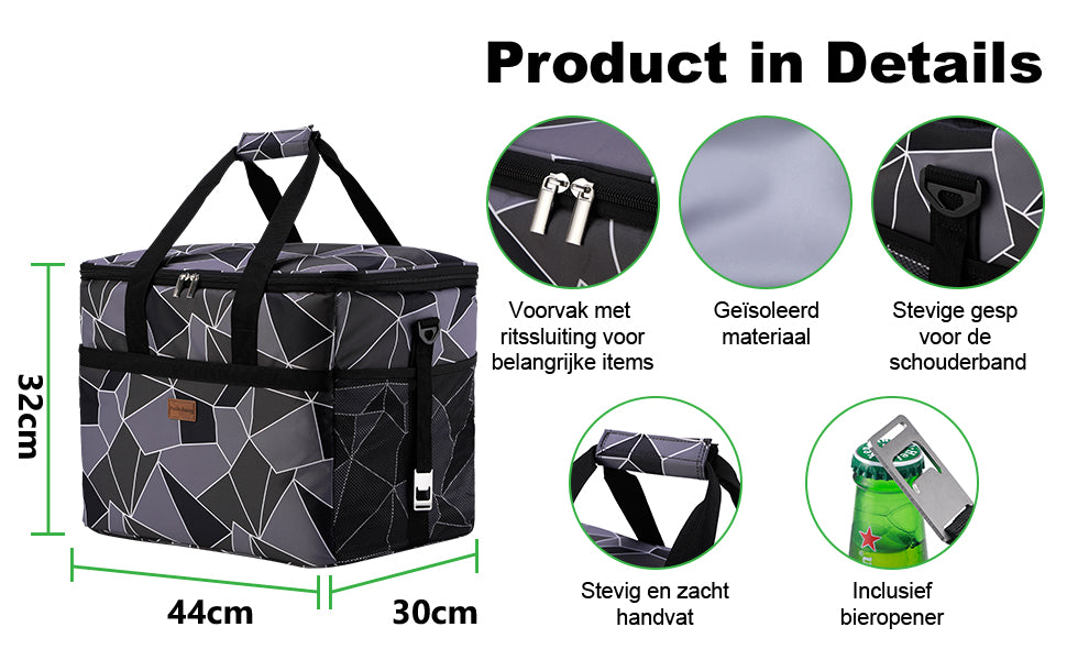 Packaway Koeltas 40L abstract grijs-zwart - incl. 6 koelelementen, draagband