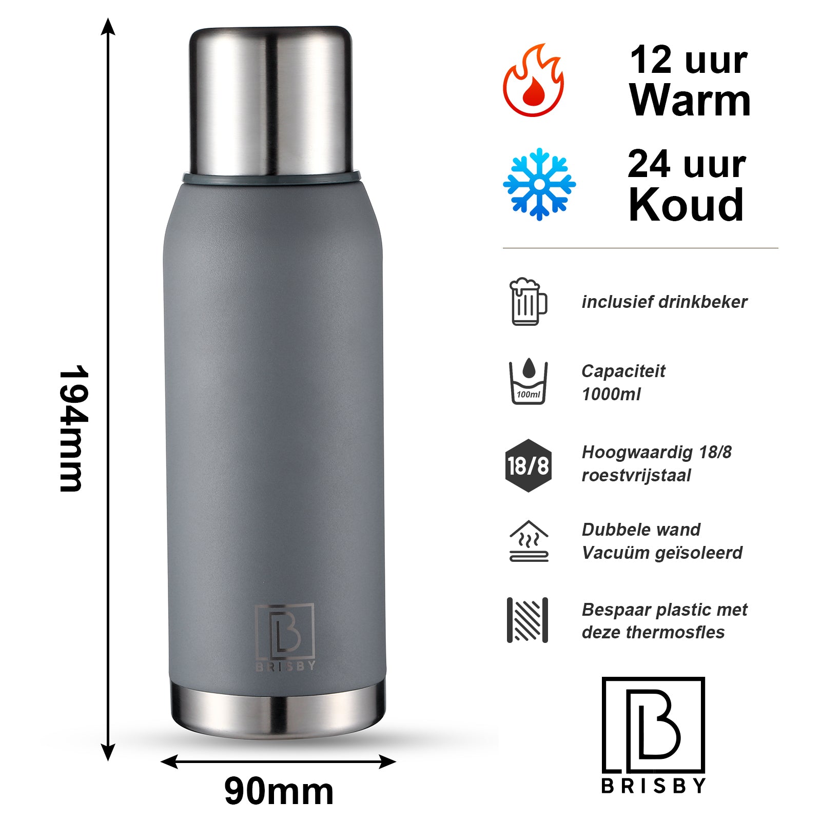 Brisby Thermosfles RVS 1L grijs - BPA Vrij - 24 uur koud - 12 uur warm