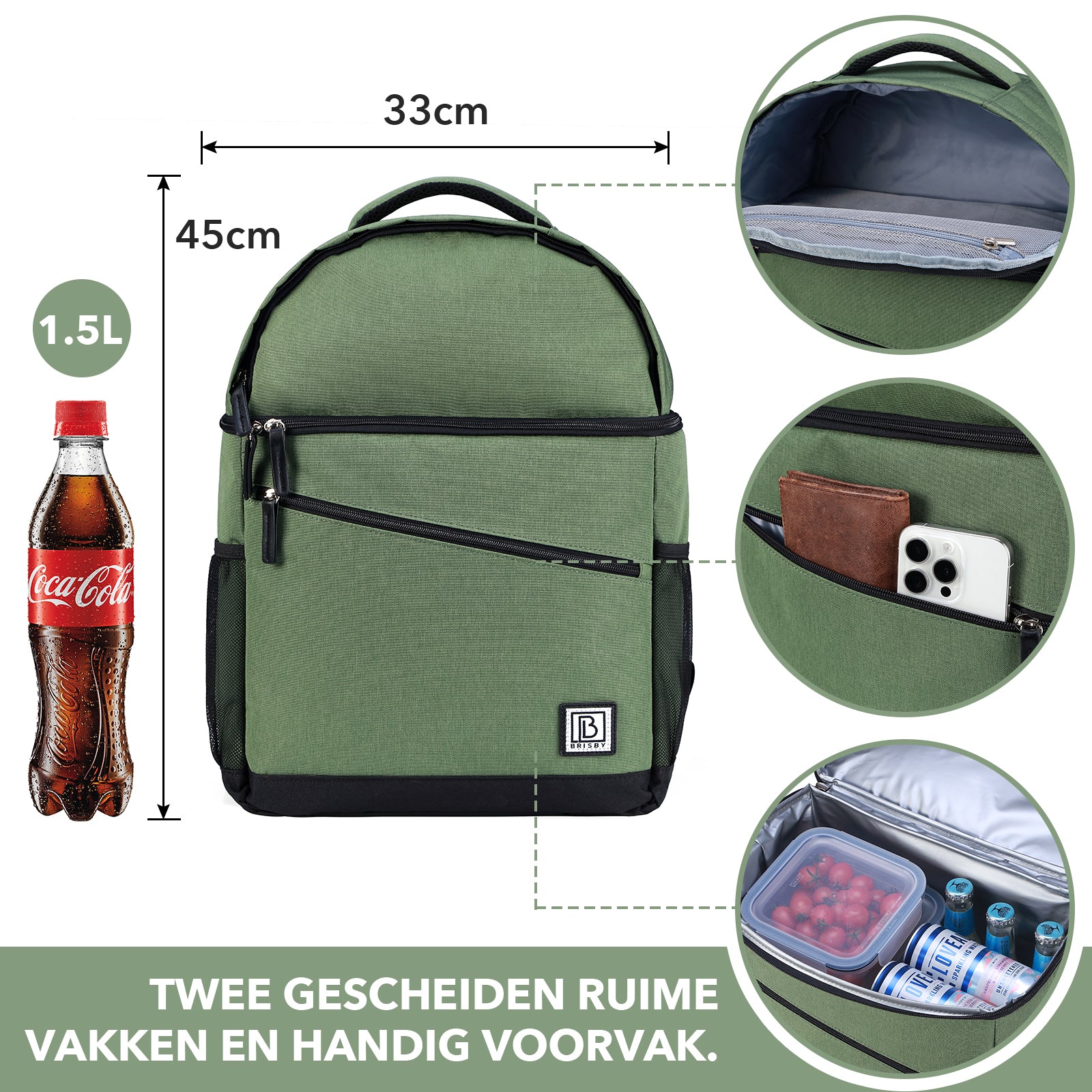 Brisby Koeltas rugtas 25L groen - incl. 2 koelelementen, bieropener