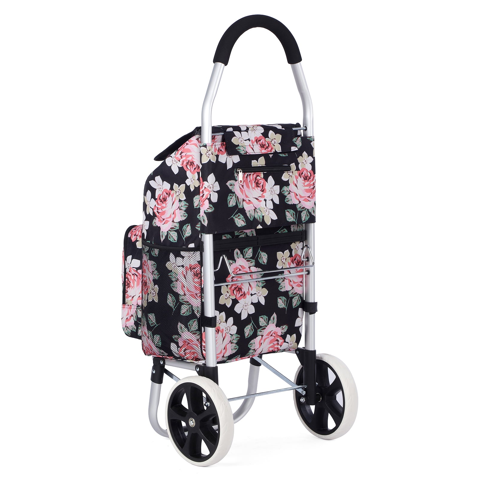 Packaway Boodschappentrolley 45L met Koelvak - Boodschappenwagen met Grote Wielen - Steekwagenfunctie - Waterafstotend - Black Flower