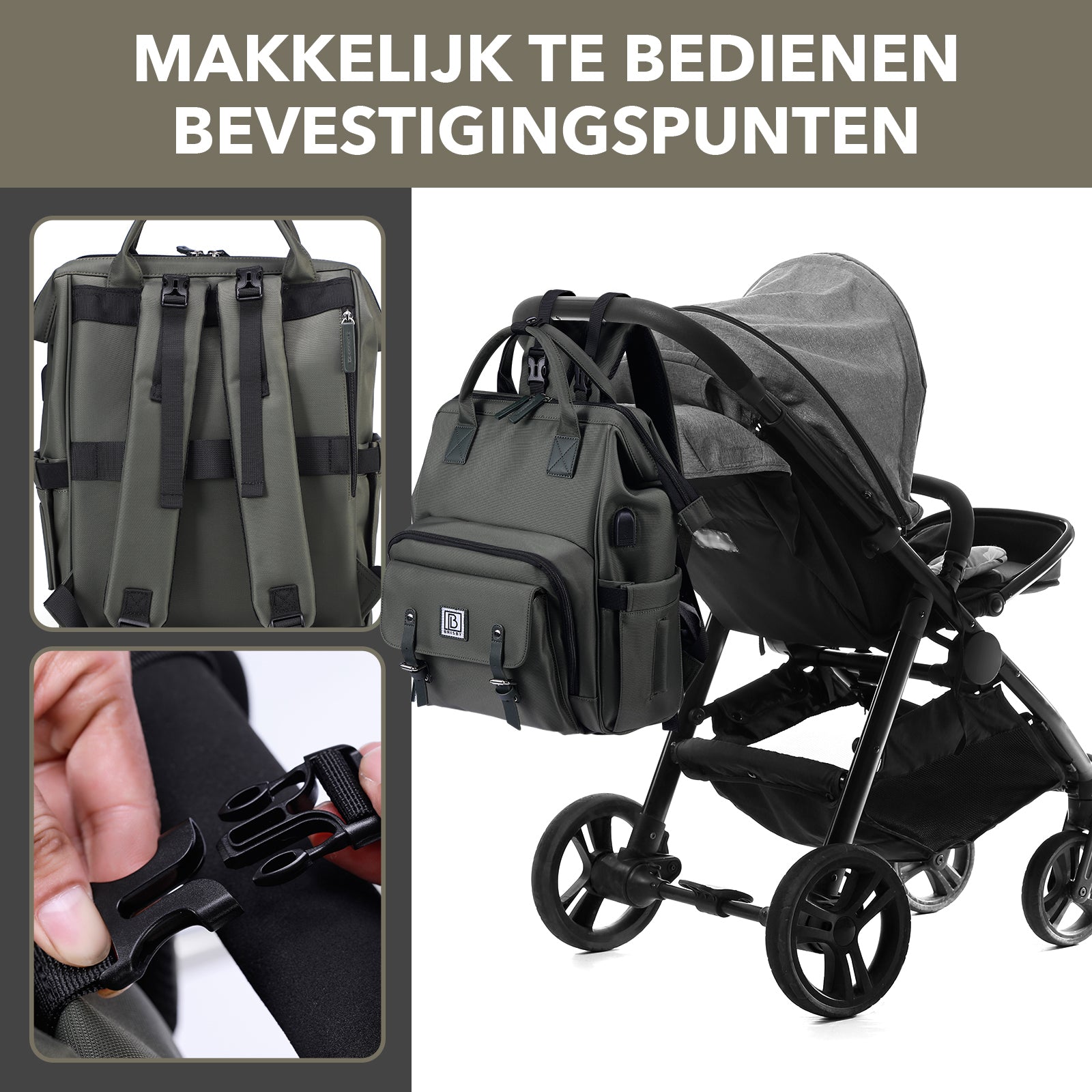 Stayopen luiertas groen - Verzorgingstas - stay-open frame - USB oplaadfunctie - incl. buggymontage en verschoonmat