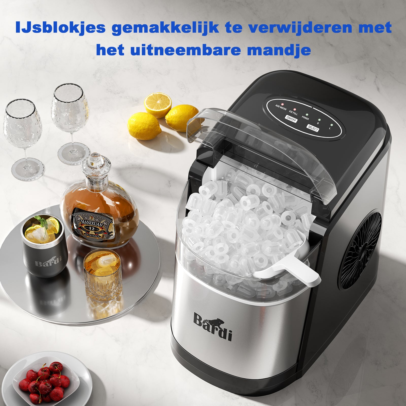 Bardi Deluxe Ice Cube Machine 1.6L black stainless steel - Self-cleaning function - ice cube maker with ice scoop - Incl. luxury thermos cup and ice scoop