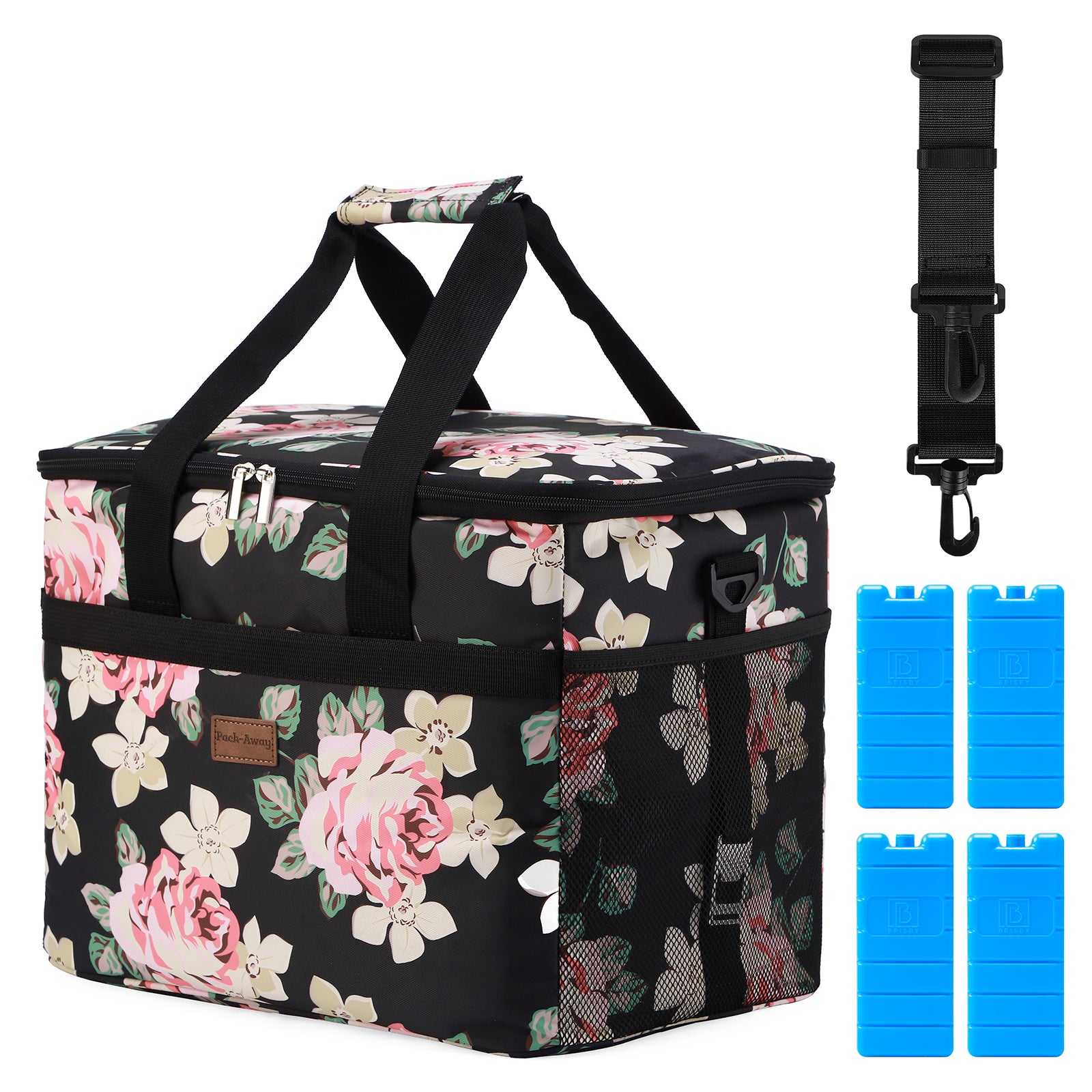 Cooler bag 30L black flower - lunch bag - foldable - 4-layer insulated - incl. 4 free cooling elements and carrying strap