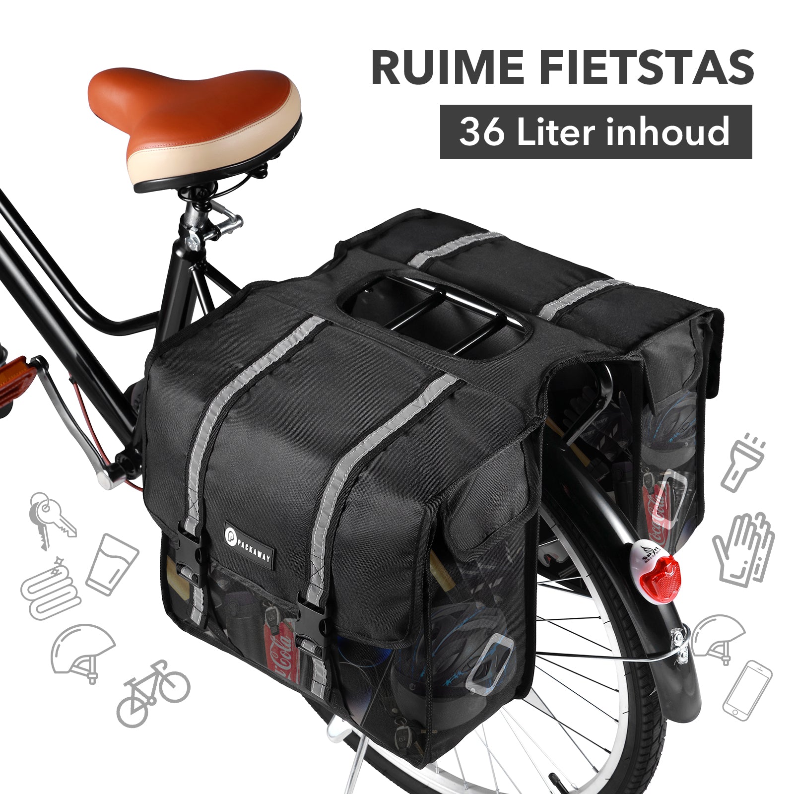 Packaway Double Panniers - Waterproof Panniers Electric Bike - Reflective - Black 36 Liters