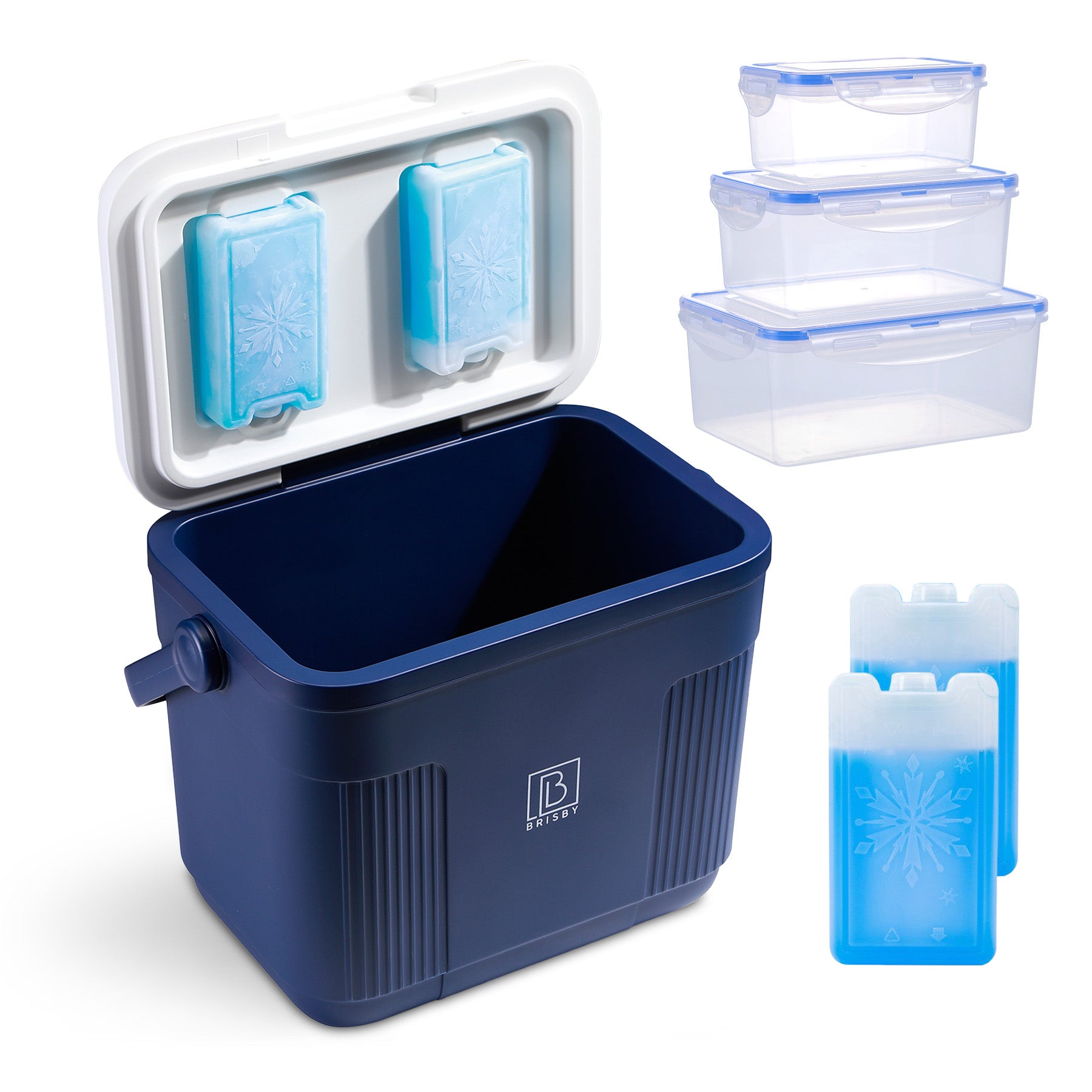 Brisby Koelbox - Frigobox - 22L - Blauw - Tot maximaal 40 uur isolatie - Incl. 4 dikke koelelementen van 450ml en 3 Delige Set Vershoudbakjes - Temperatuur veilige sluiting - Met koelelementen vergrendeld in deksel