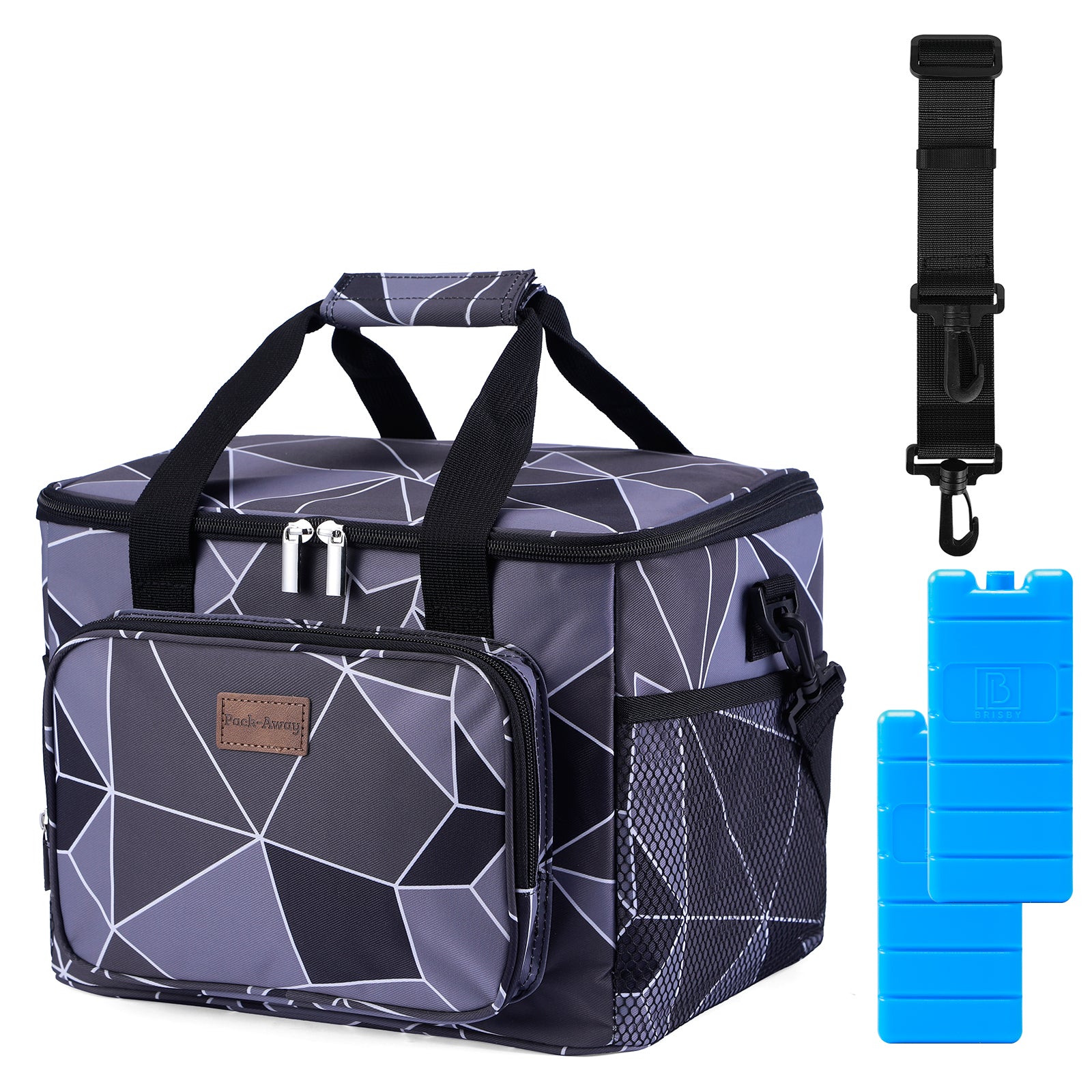 Cooler bag 15L abstract grey and black - lunch bag - 4-layer insulated - foldable - incl. 2 free cooling elements and carrying strap