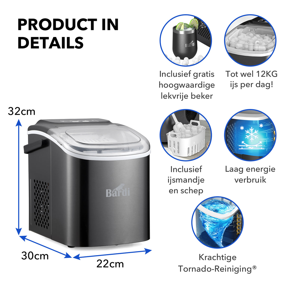 Bardi 1.2L Deluxe IJsblokjesmachine – IJsblokmaker Inclusief Luxe Thermosbeker en IJsschep – 9 Blokjes in 8 Minuten – Gunmetal Zwart