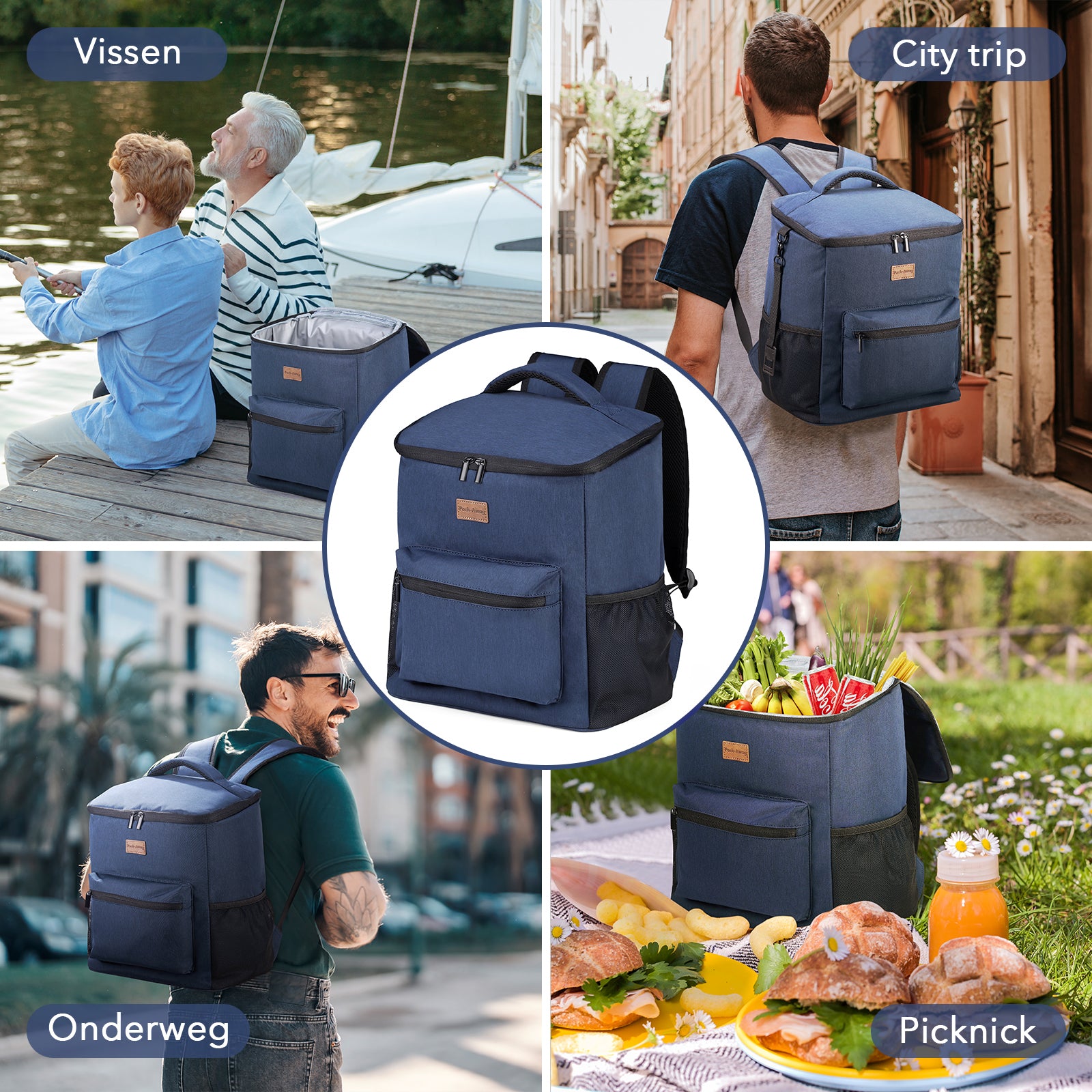 Koeltas rugzak 25L blauw - Waterafstotend - anti diefstal vak - 4 laags geïsoleerd - Incl. 2 gratis koelelementen en gratis flessenopener
