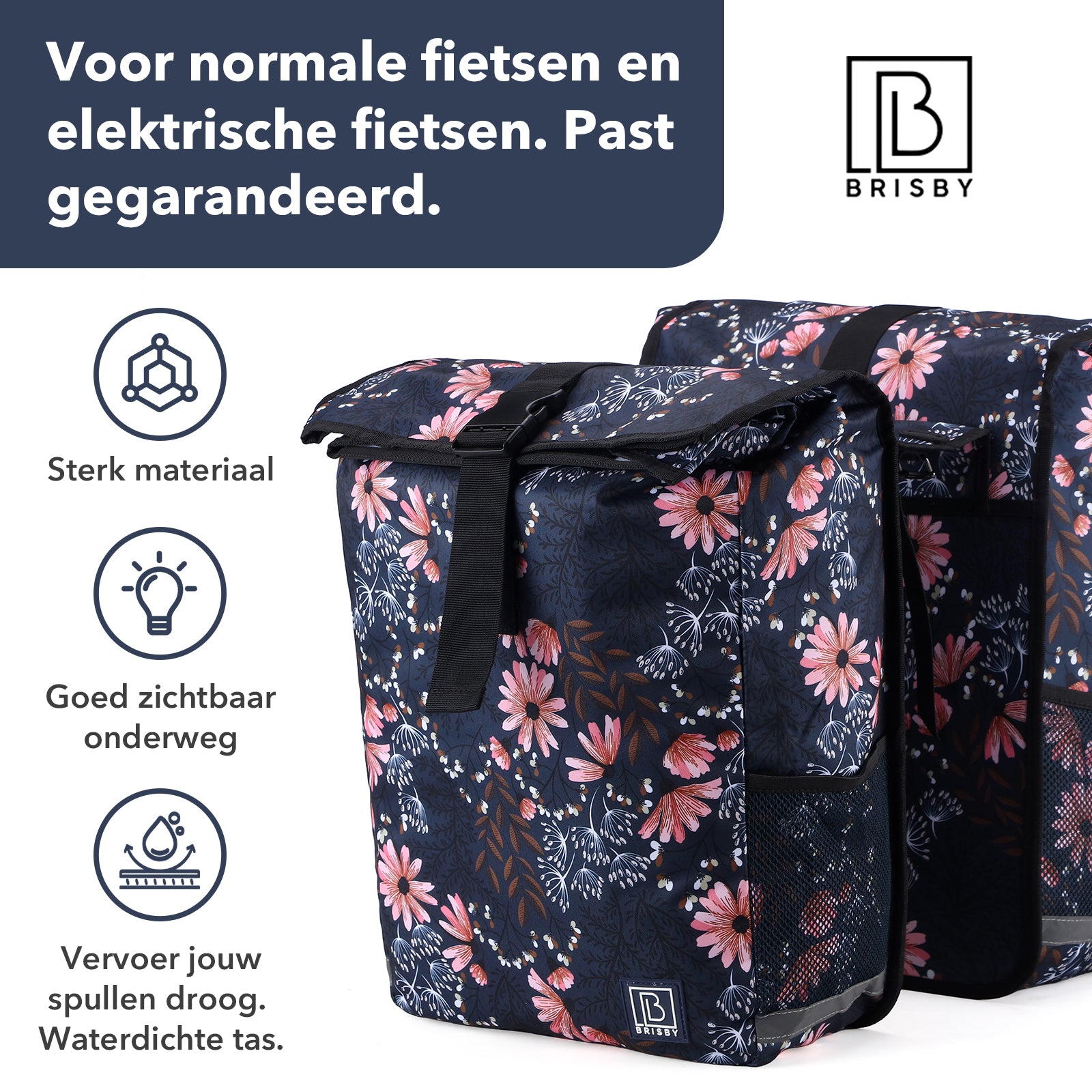 Brisby Dubbele Fietstas Rolltop Zwart 39-48L Waterdicht Geschikt voor Elektrische Fietsen & E-Bike - Japanese Flower