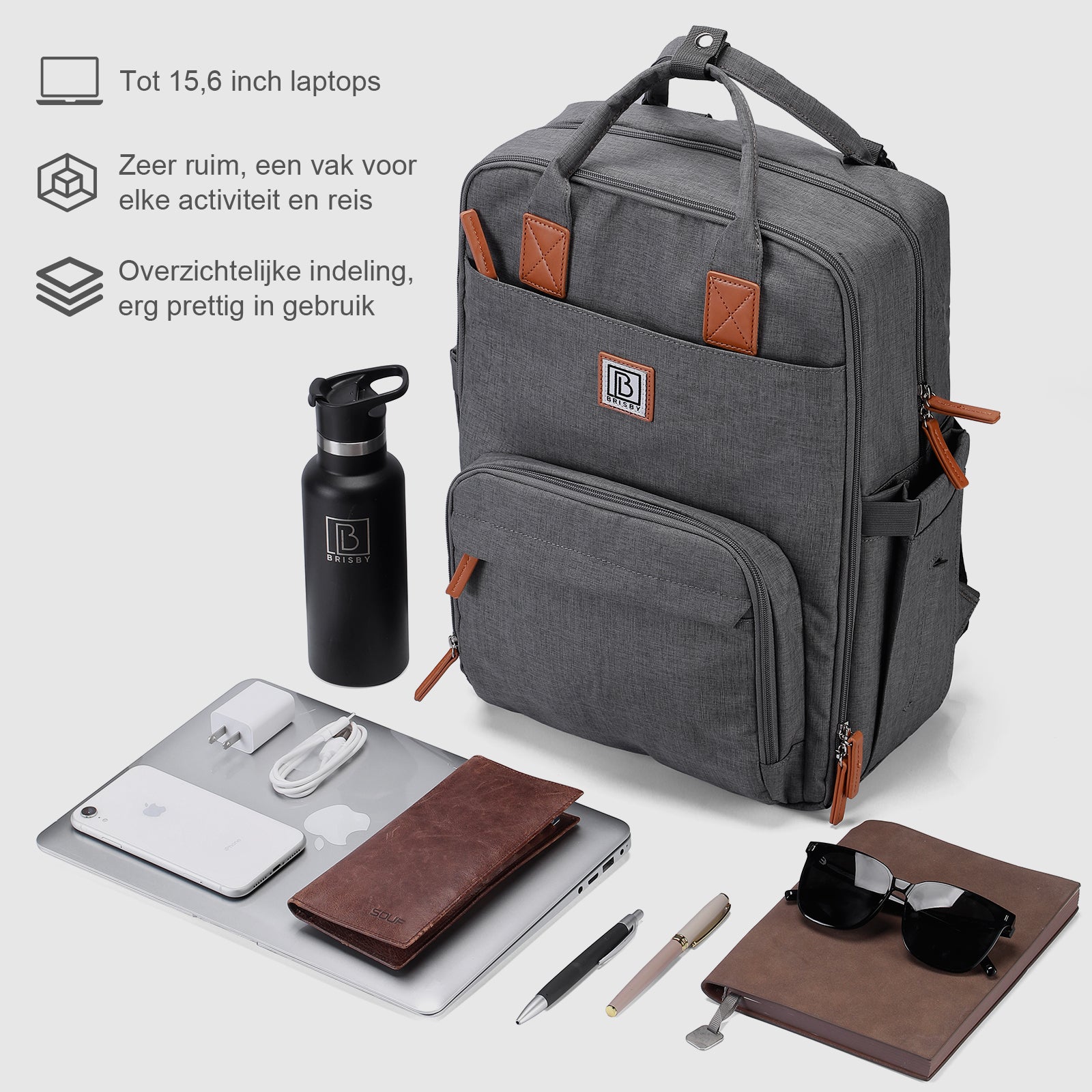 Brisby Rugzak voor Dames & Heren – Comfortabele, Waterafstotende Rugtas met Laptopvak, perfect als Schooltas, Werktas & voor op Reis. Geschikt als handbagage. Levenslange Garantie! - Donkergrijs