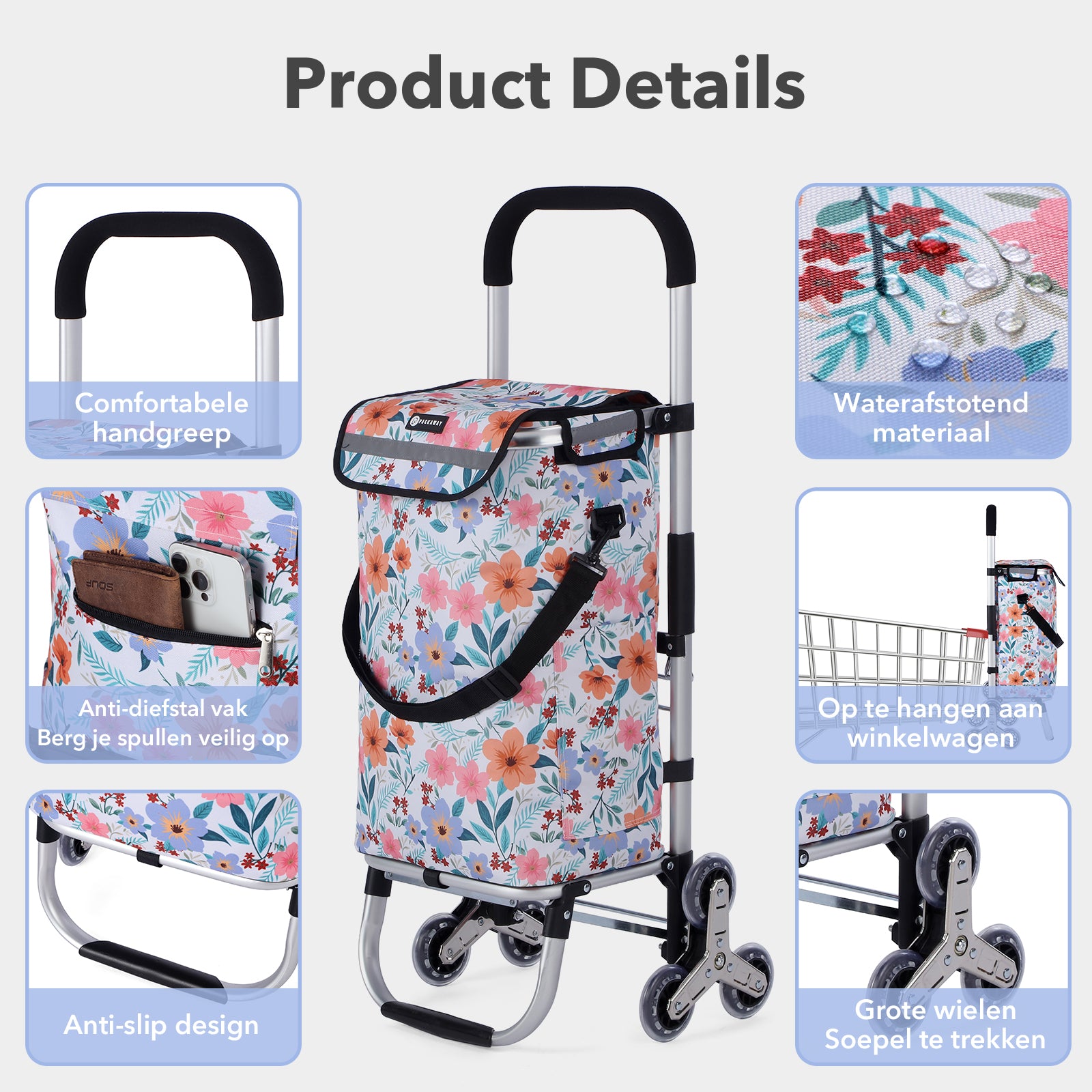 Packaway Boodschappentrolley met Trapwielen 40 Liter - Opvouwbare Boodschappenwagen met ruim Koelvak - Pastel Blossom