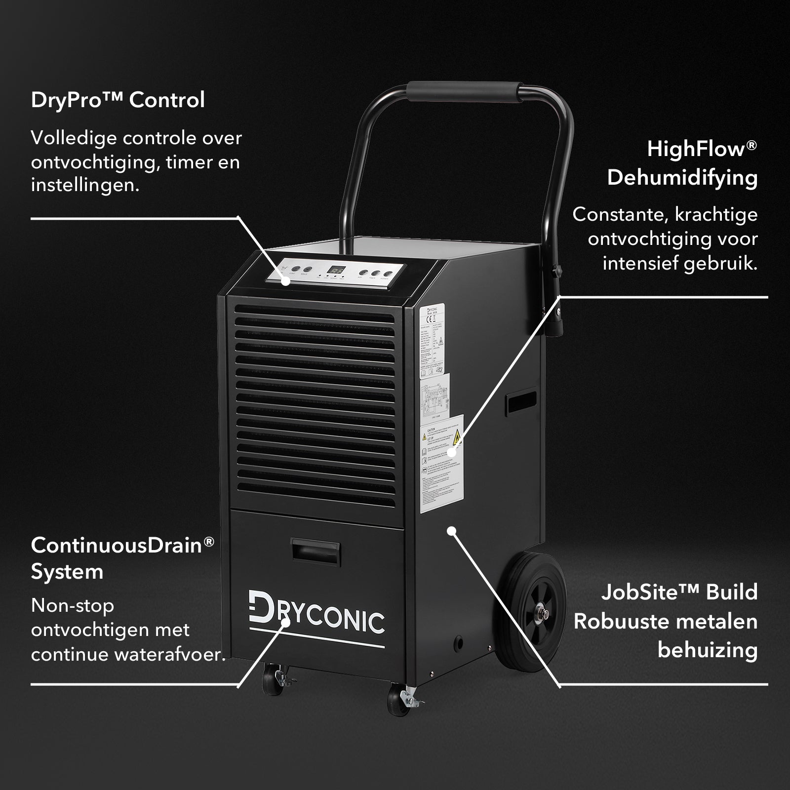 Dryconic Bouwdroger 70L - professioneel - 5,5L watertank - ContinuousDrain - Auto-Defrost - JobSite metaal