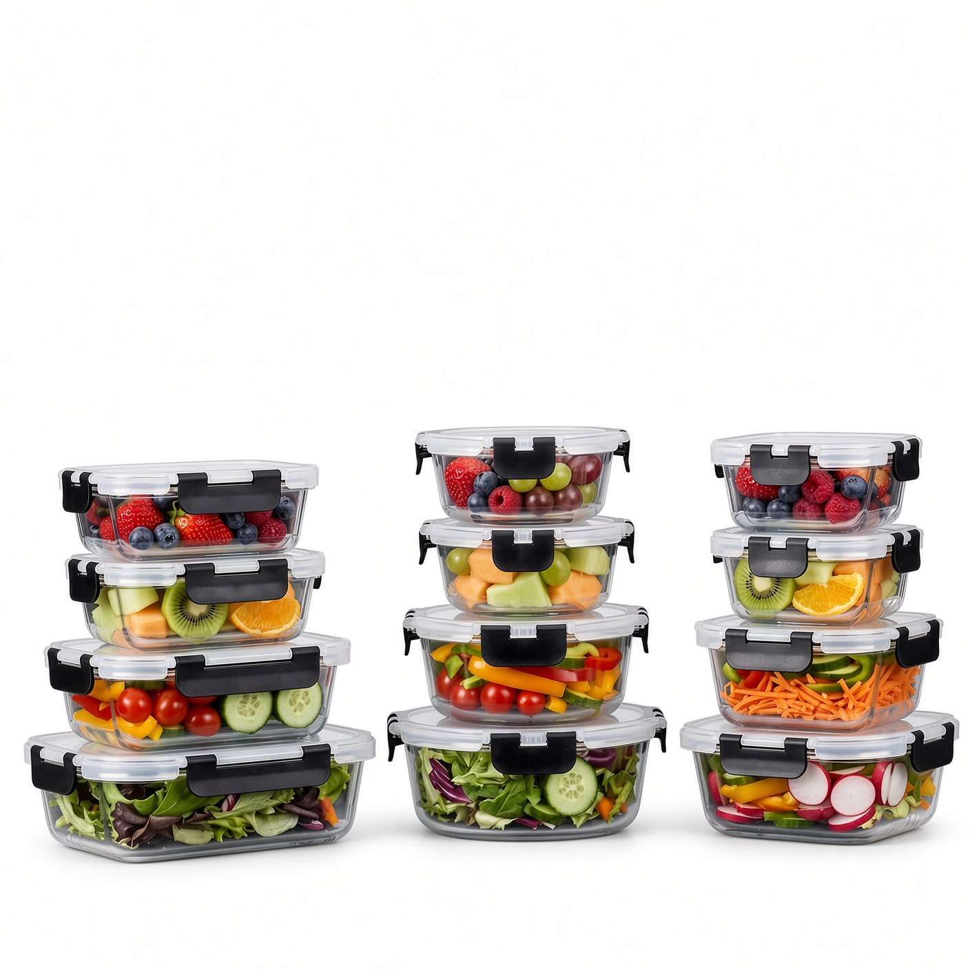 Bardi 12-Delige Glazen Vershoudbakjes – Meal Prep Bakjes Glas met Deksel – BPA & PFAS Vrij – Luchtdicht – Incl. 40 Bardi Prep & Store Labels + 10 Wondersponzen – 6,79L