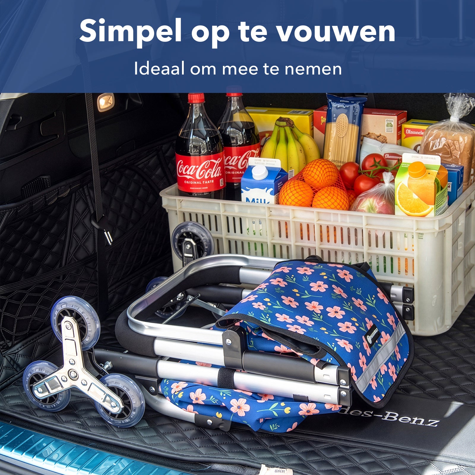 Packaway Boodschappentrolley met Trapwielen 40 Liter - Opvouwbare Boodschappenwagen met ruim Koelvak - Blue Blossom