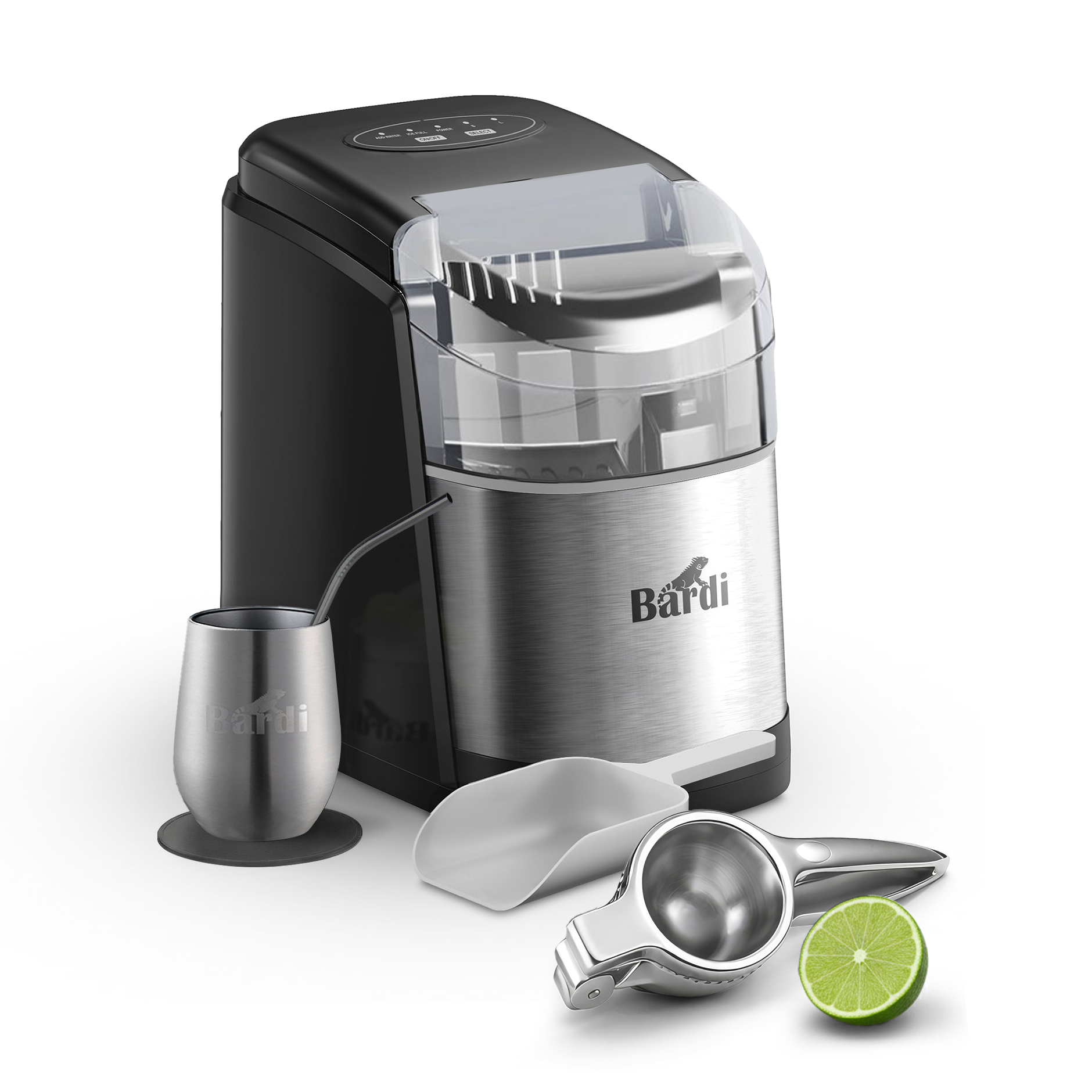 Bardi IJsblokjesmachine Set - 1.6L - Zelfreinigingsfunctie - IJsblokmaker met IJsschep- Inclusief 1 Luxe Thermosbeker en Ijsschep- RVS - Citruspers RVS