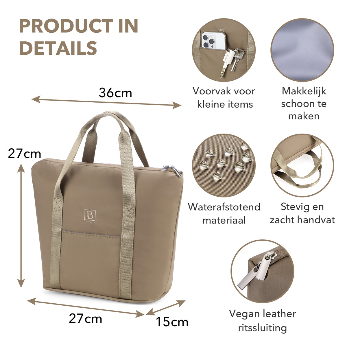 Brisby Koeltas Lunchtas 9L – 4-Laags Geïsoleerd – Inclusief 2 Koelelementen – Waterafstotend – Voor Werk, School & Onderweg - Taupe
