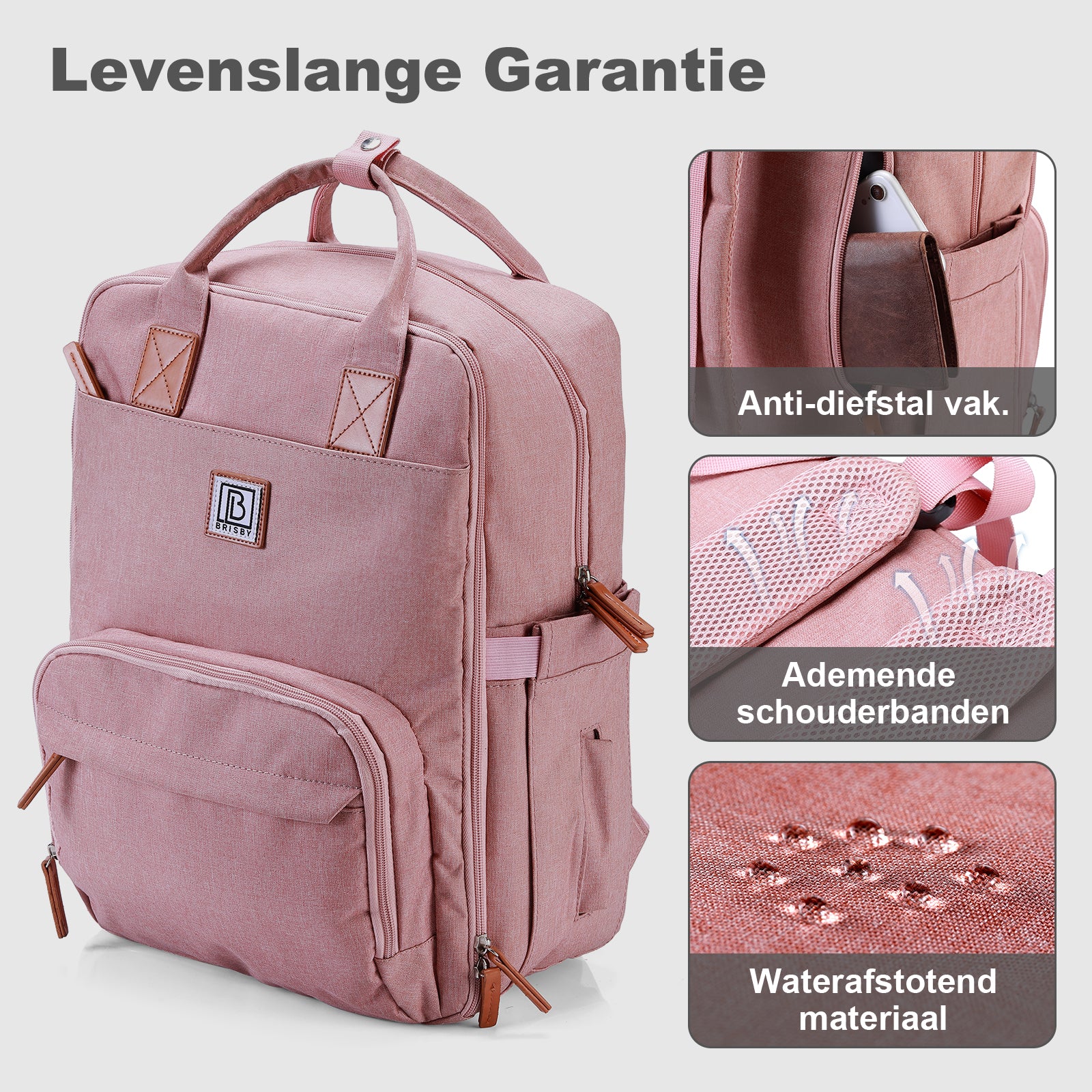 Brisby Rugzak voor Dames & Heren – Comfortabele, Waterafstotende Rugtas met Laptopvak, perfect als Schooltas, Werktas & voor op Reis. Geschikt als handbagage. Levenslange Garantie! - Roze