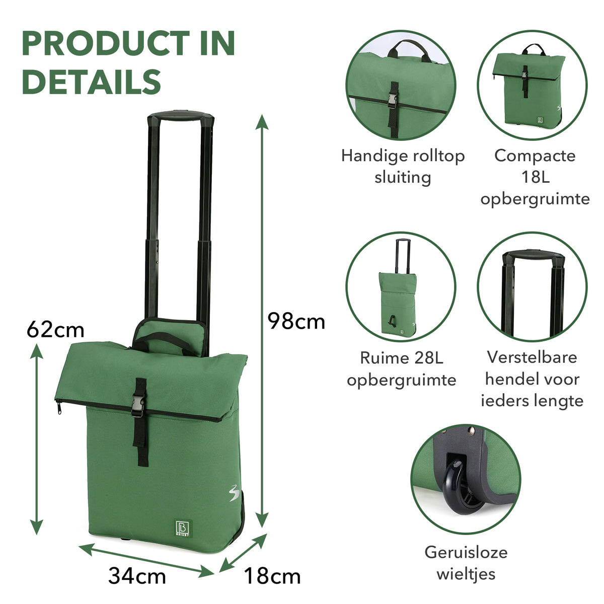 Fietstrolley Tas 2-in-1 Fietstas en Trolley Zwart 18-28L Laptopvak Verstelbare Hendel Bevestigingssysteem - Groen