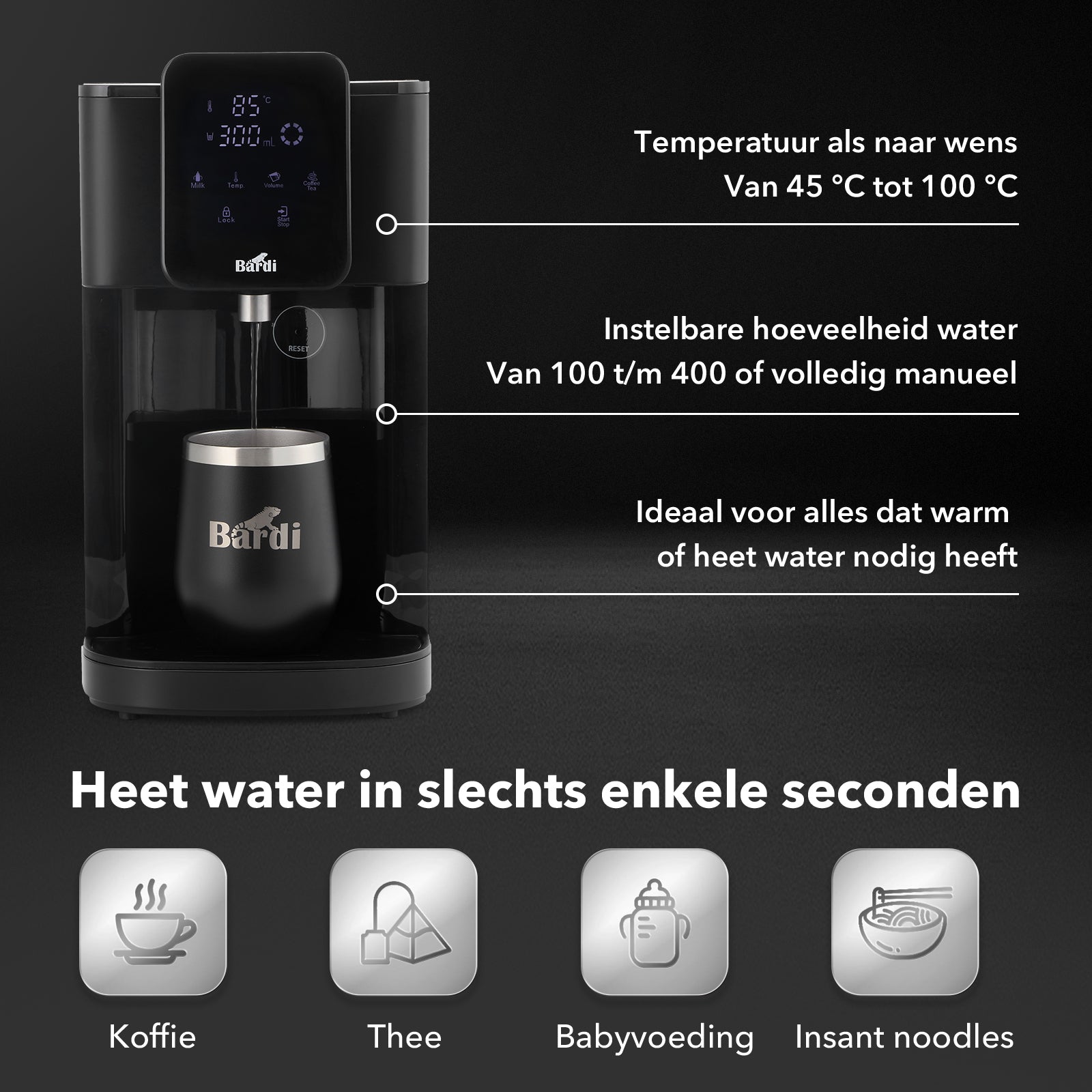 Bardi Heetwaterdispenser 4L - incl. thermoscup en onderzetter - 6 temperatuurstanden - instant-heating - touch met kinderbeveiliging