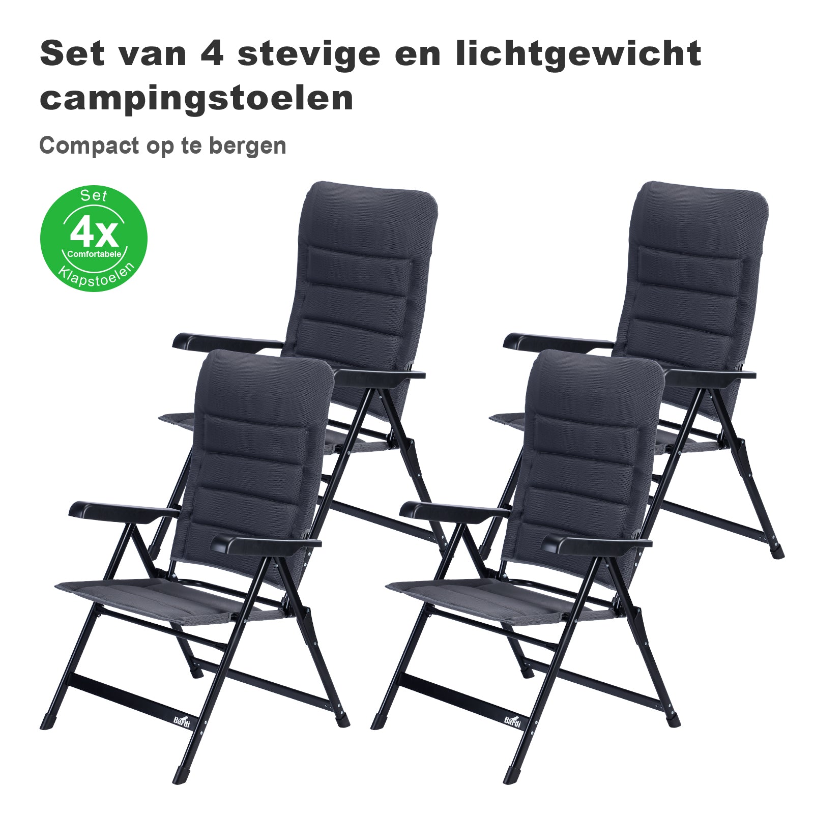 4-delige luxe campingstoelen set - 7 standen - 120 kg draagvermogen - lichtgewicht - grijs