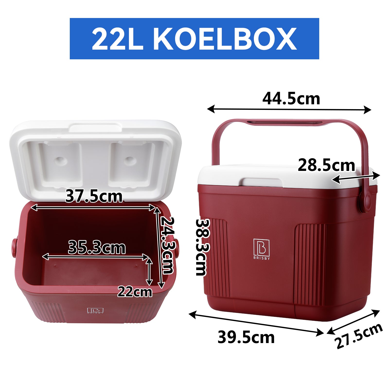 Koelbox 22L rood SET - Tot maximaal 40 uur isolatie - incl. 4 450ml koelelementen en 2 zwarte 500ml thermosflessen