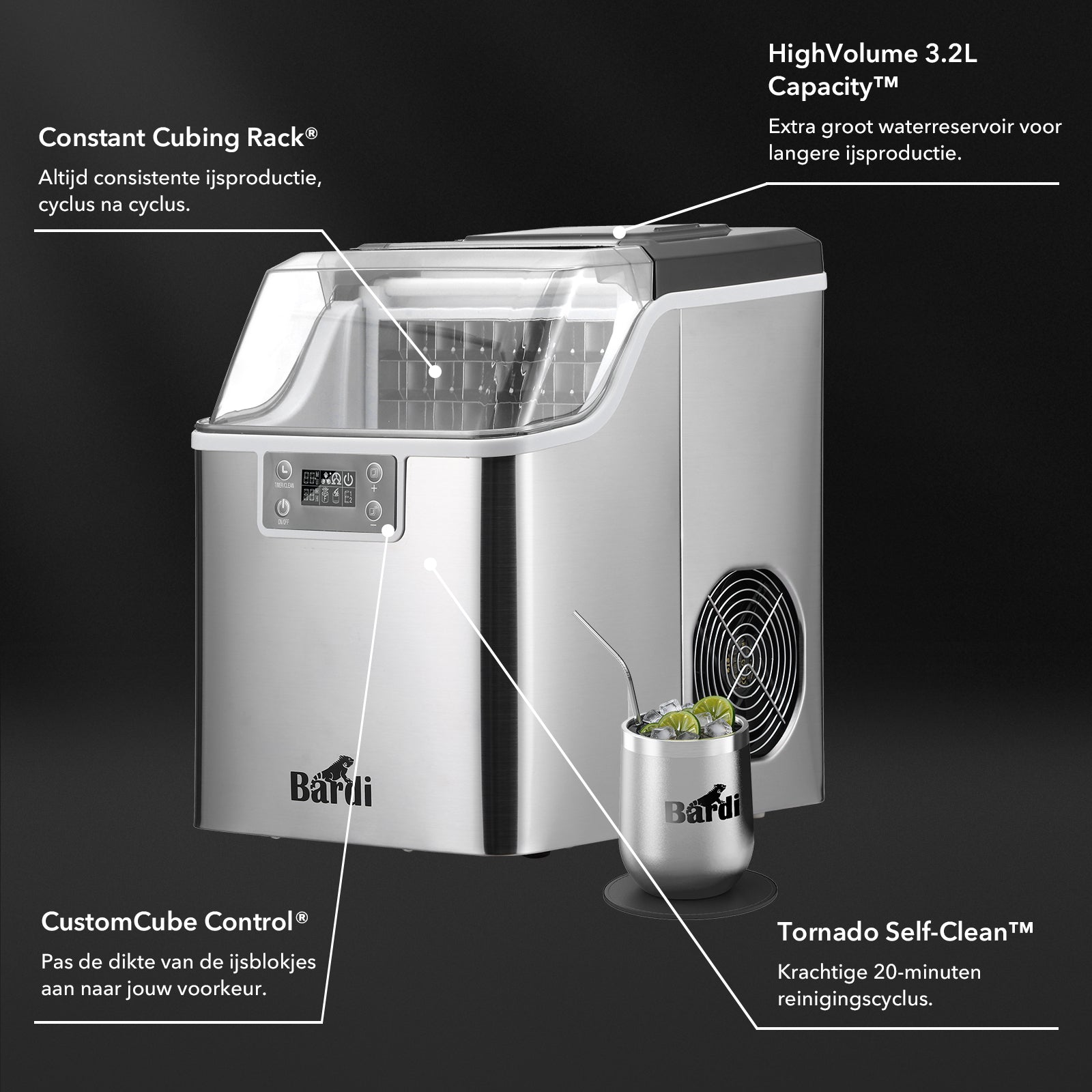 Bardi 3,2L Deluxe IJsblokjesmachine - Vierkante IJsblokmaker - LCD Display - 20Kg/24 uur. inclusief Thermosbeker en IJsschep- RVS met citruspers ZWART