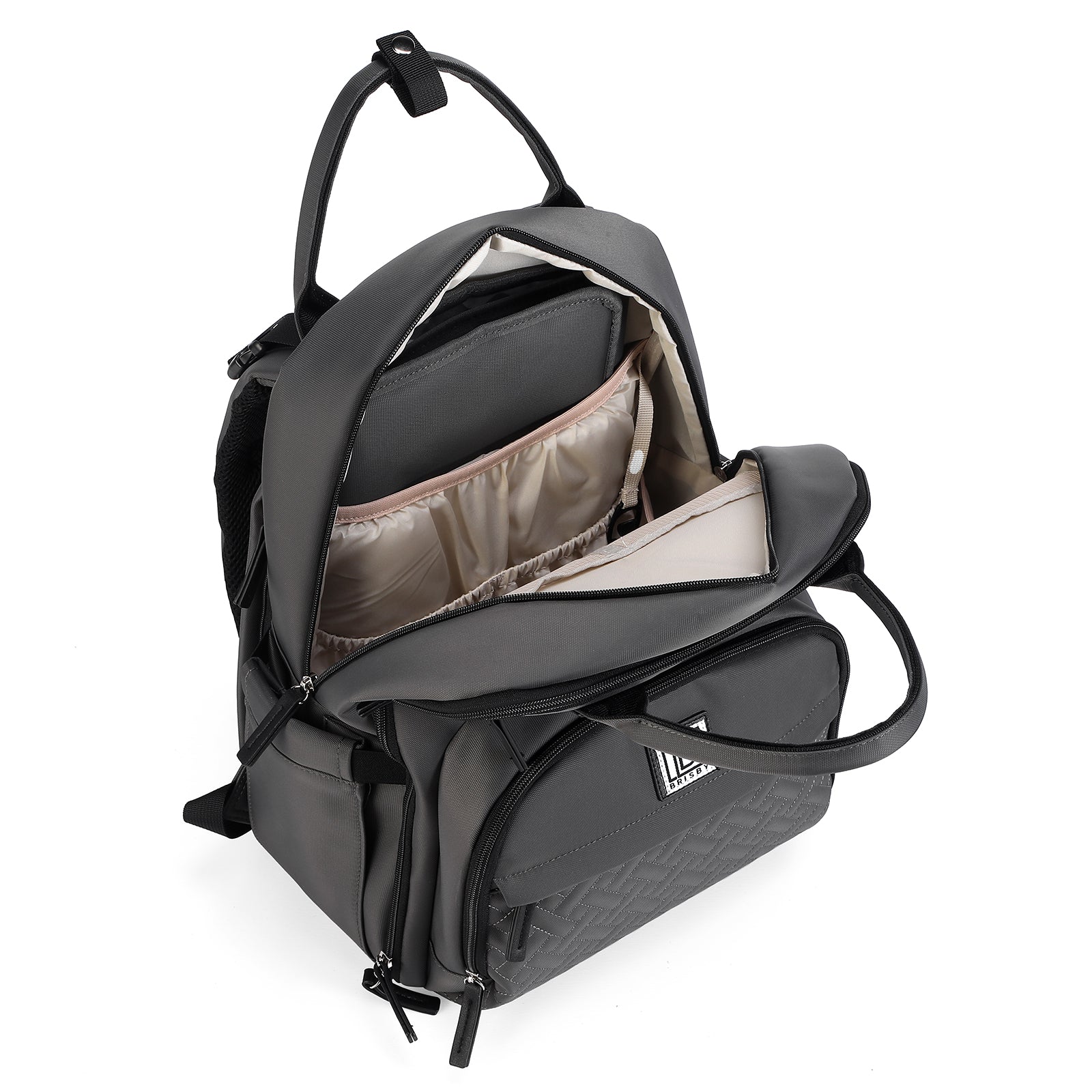 Premium luiertas donkergrijs - uitgebreide en functionele verzorgingstas - met buggymontage - anti diefstal vakken - reistrolley sleeve - incl. verschoonmatje en speenhouder - levenslange garantie