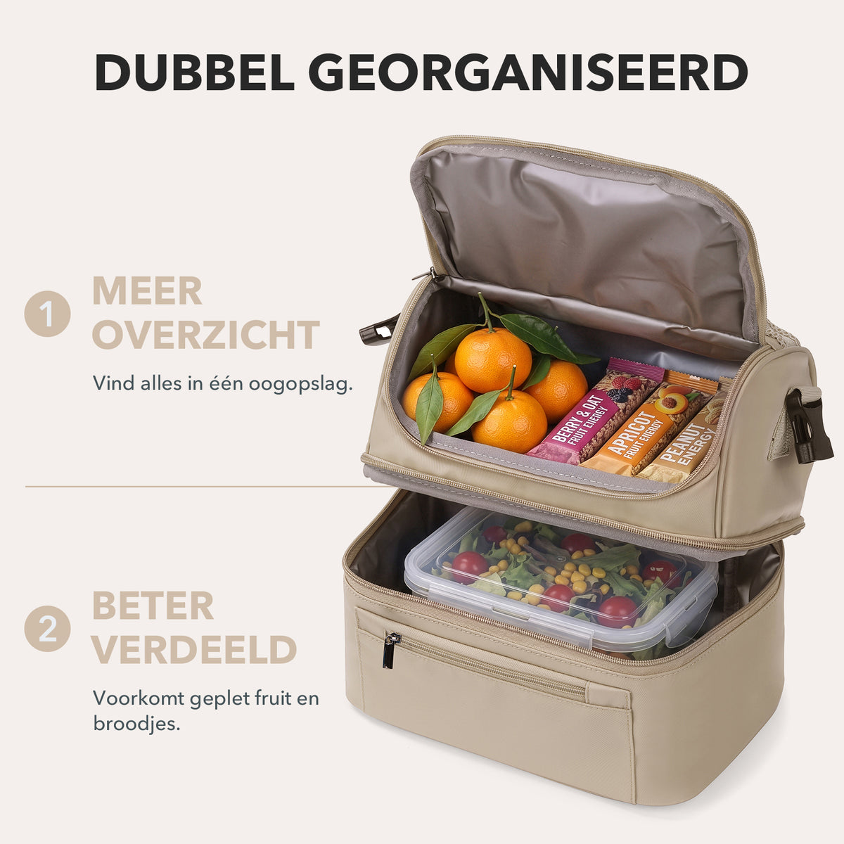 Brisby Koeltas 11 Liter - Lunchtas - Inclusief 2 Koelelementen - Dubbel Compartiment - 4-Laags Geïsoleerd - Waterafstotend - Natural Champagne