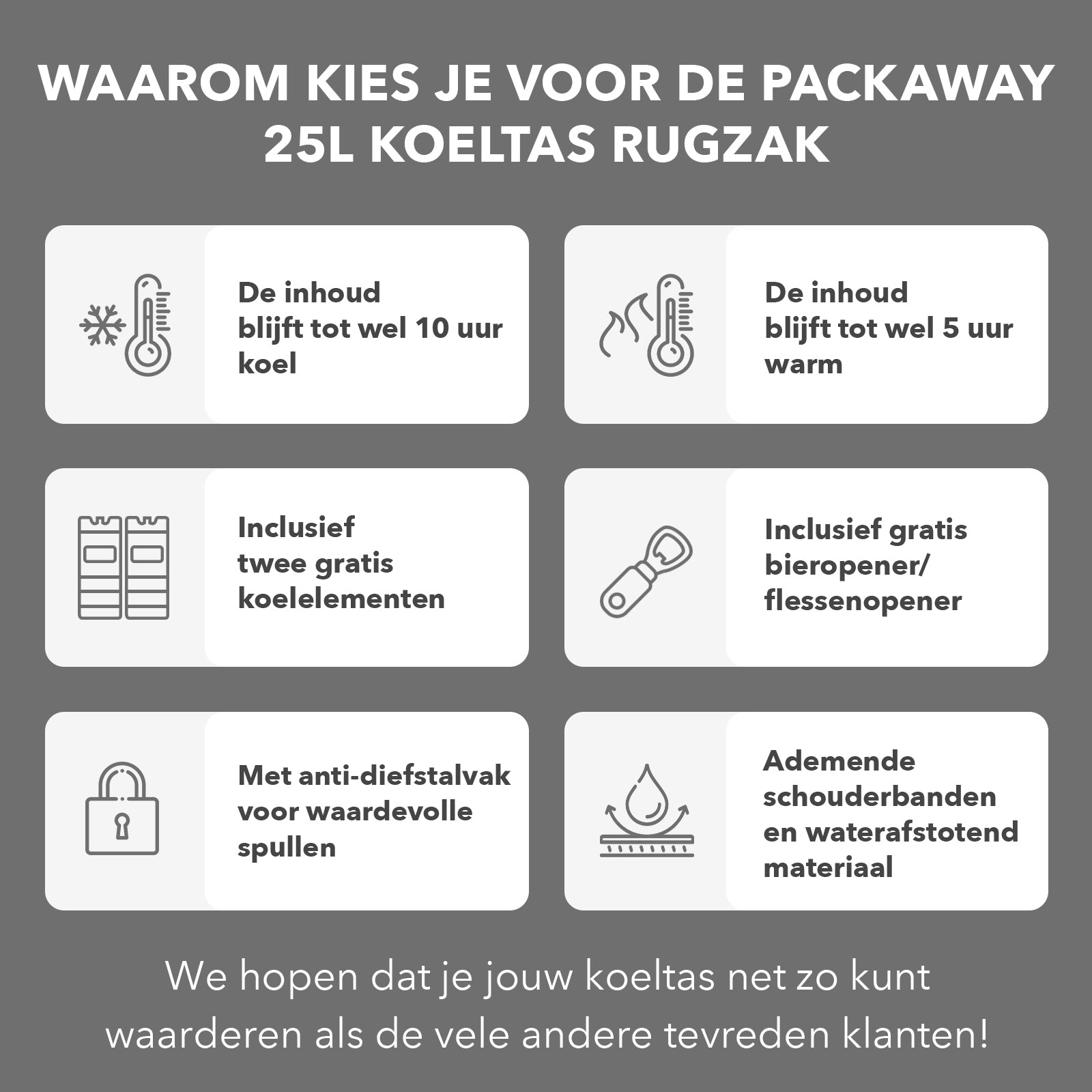 Koeltas rugzak 25L grijs - Waterafstotend - anti diefstal vak - 4 laags geïsoleerd - Incl. 2 gratis koelelementen en gratis flessenopener