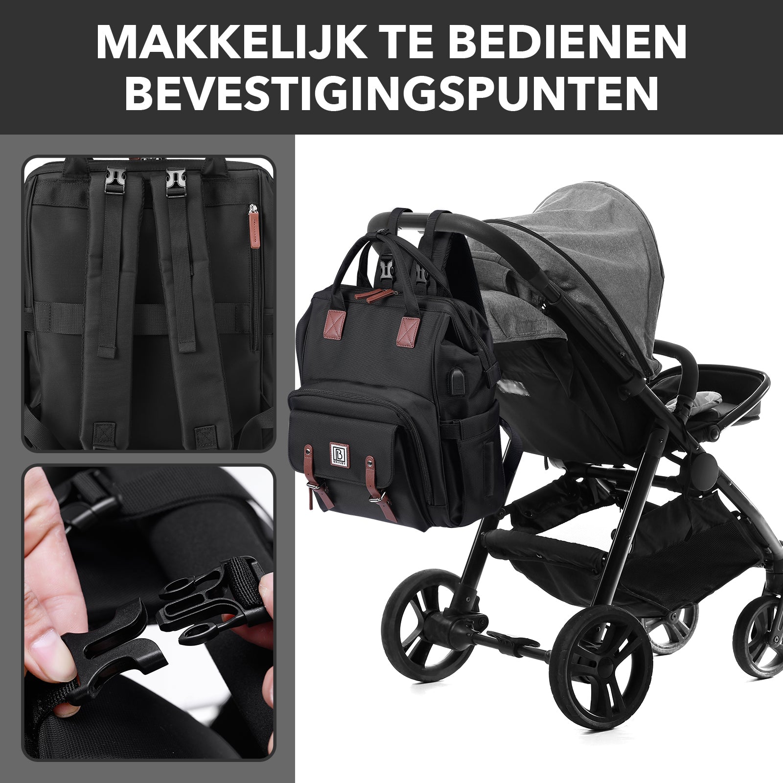 Stayopen luiertas zwart - Verzorgingstas - stay-open frame - USB oplaadfunctie - incl. buggymontage en verschoonmat
