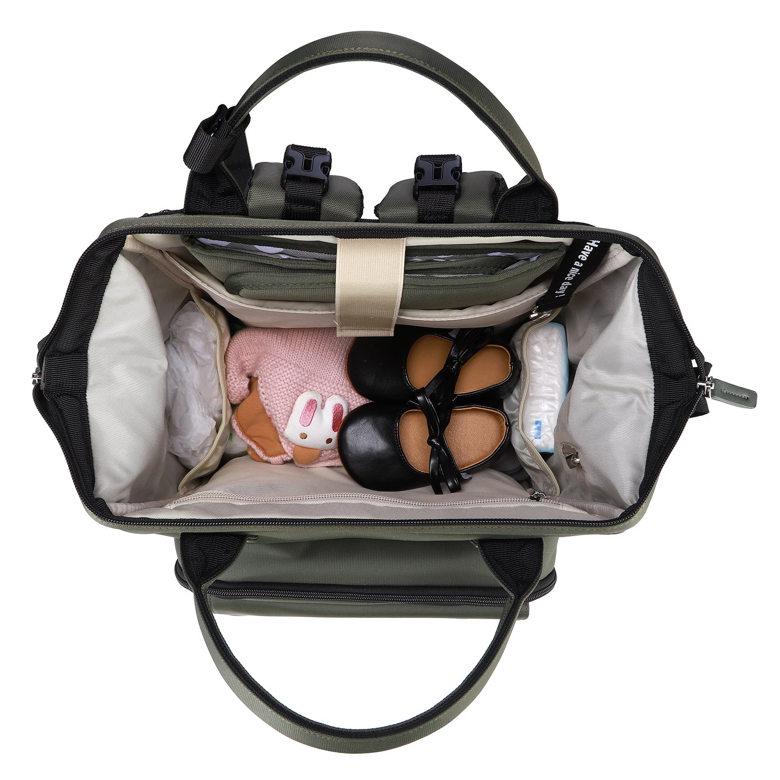 Stayopen luiertas groen - Verzorgingstas - stay-open frame - USB oplaadfunctie - incl. buggymontage en verschoonmat