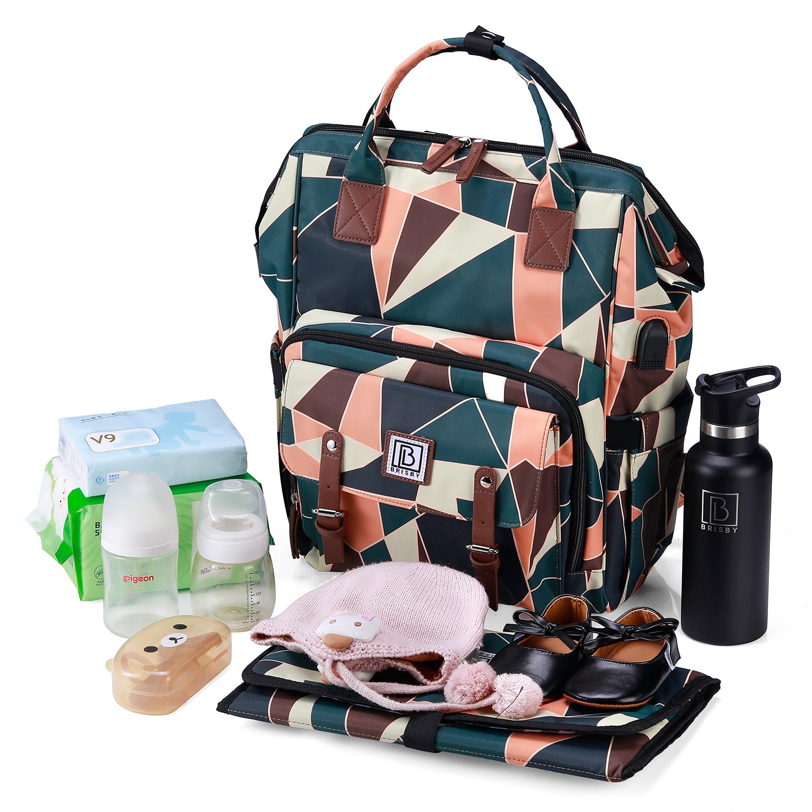Stayopen luiertas abstract colours - Verzorgingstas - stay-open frame - USB oplaadfunctie - incl. buggymontage en verschoonmat
