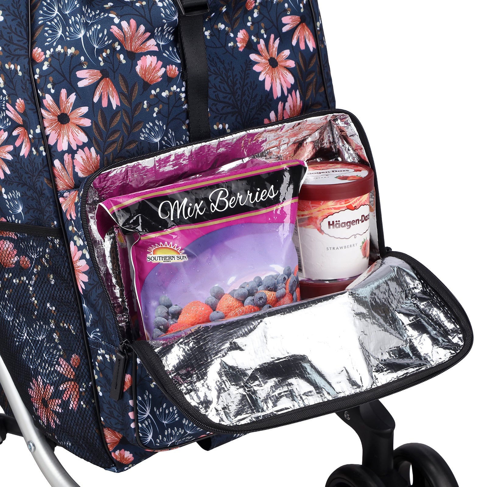 Packaway Boodschappentrolley met 4 wielen - boodschappenwagen deluxe met koelvak en verstelbaar handvat – 60 liter – Japanese Flower