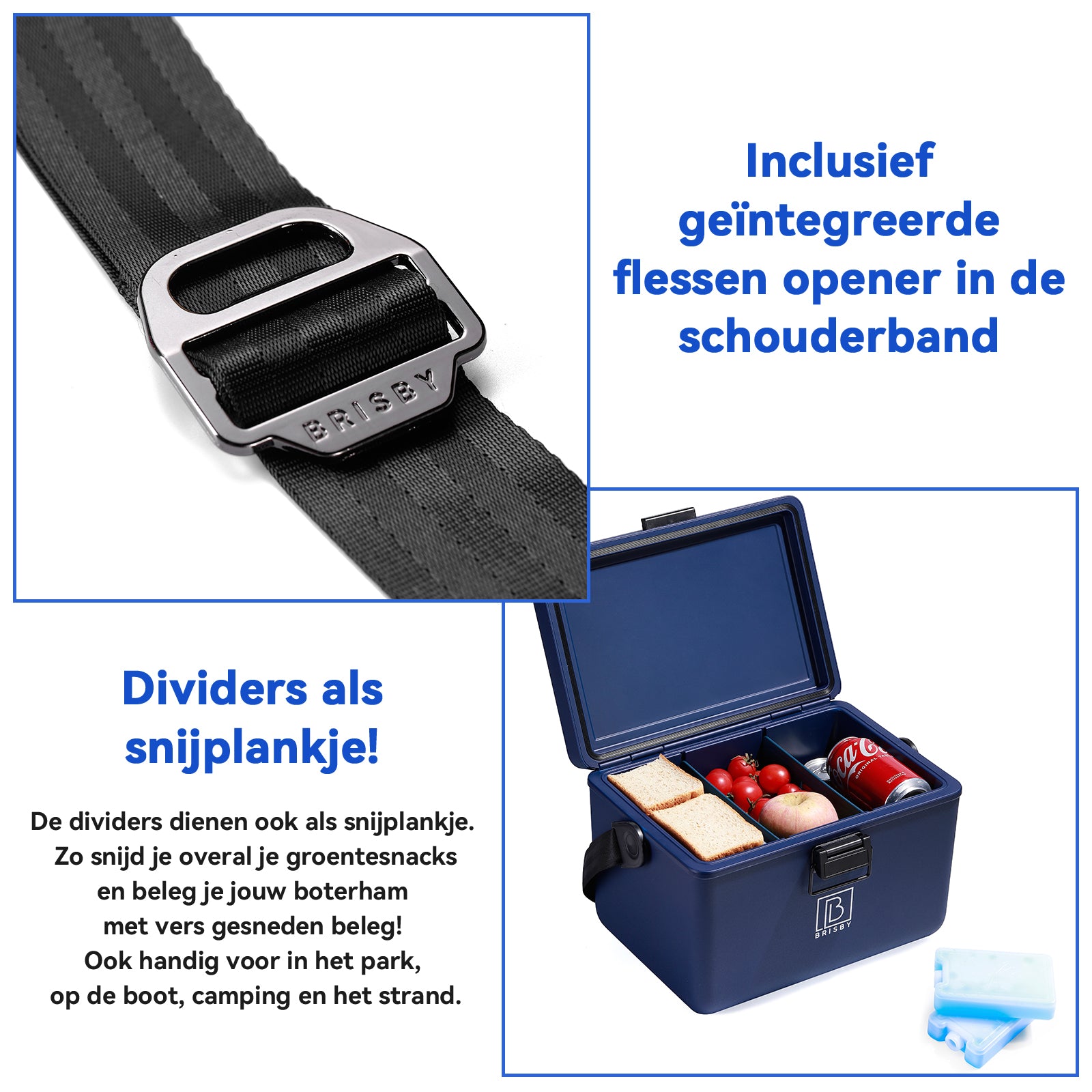 Koelbox 12L met draagband blauw - Dividers - snijplanken - tot maximaal 40 uur isolatie - incl. 2 koelelementen van 200ml