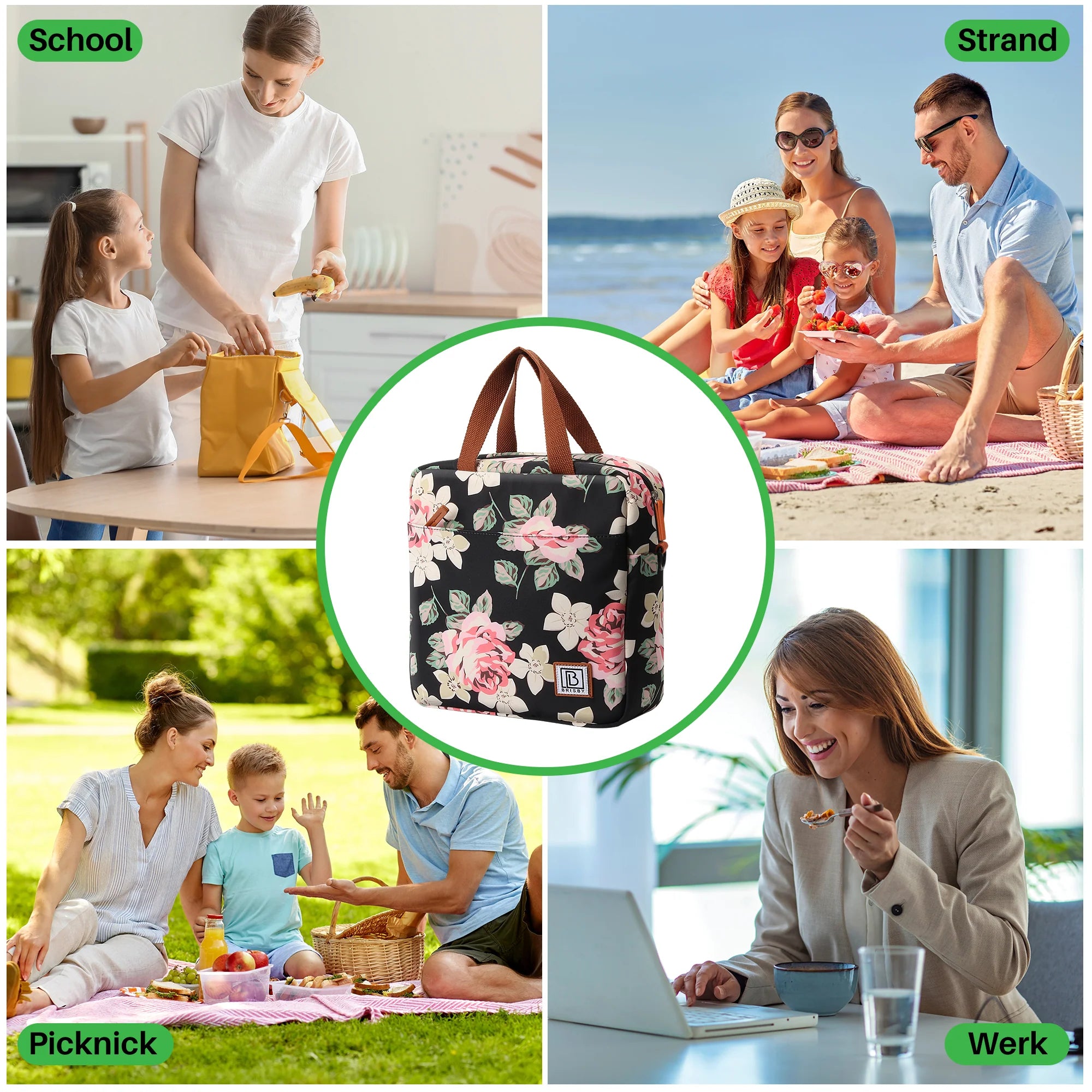 Cooler bag 7L black flowers - Lunch bag - 4-layer insulated - 2 free cooling elements - incl. shoulder strap