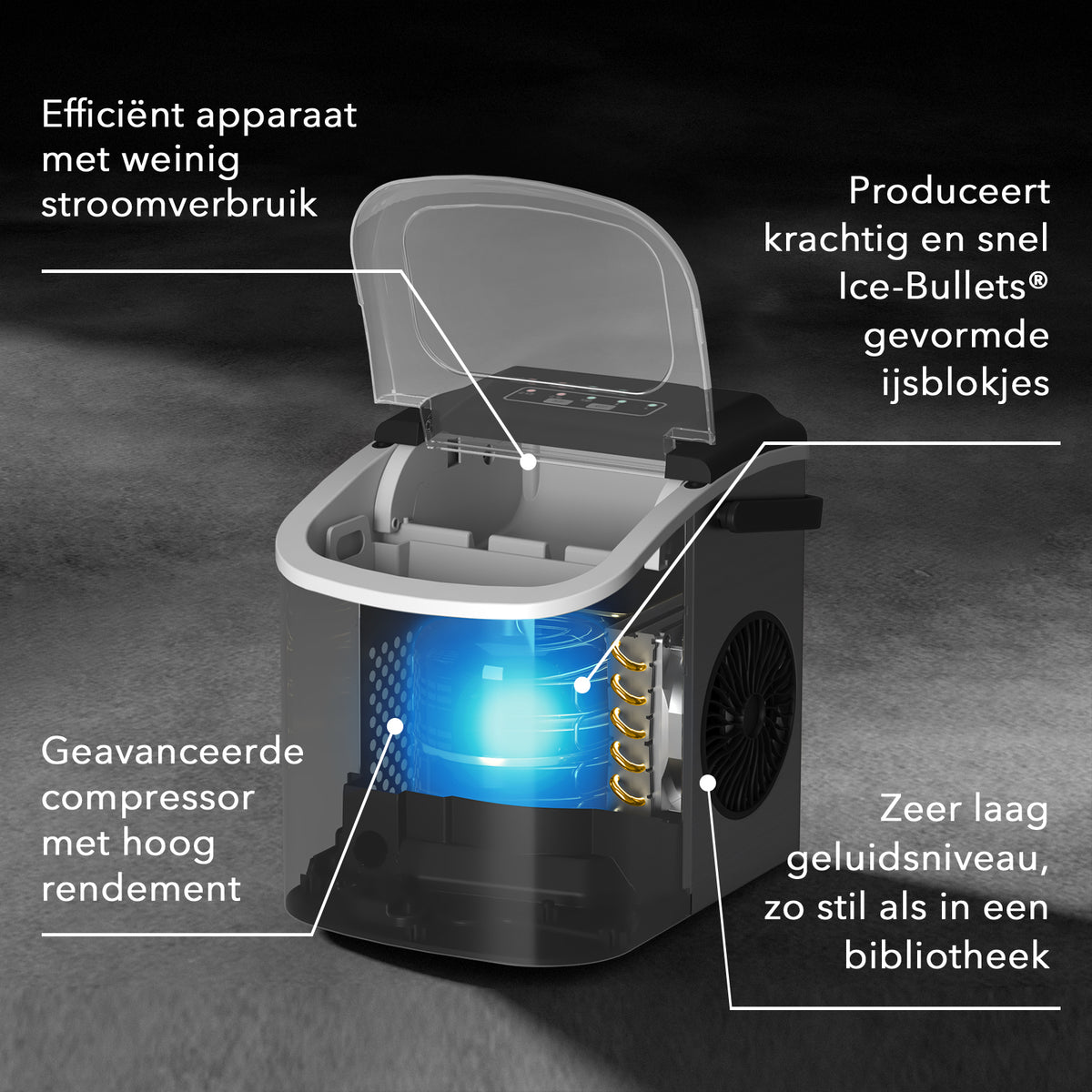 Bardi 1.2L Deluxe IJsblokjesmachine – IJsblokmaker Inclusief Luxe Thermosbeker en IJsschep – 9 Blokjes in 8 Minuten – Gunmetal Zwart