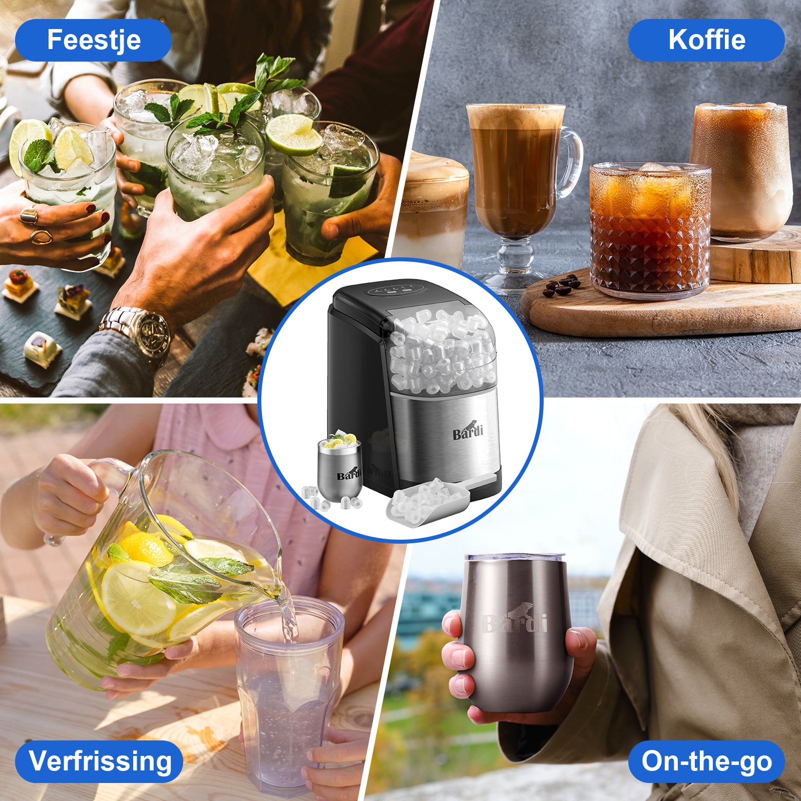 Bardi Deluxe Ice Cube Machine 1.6L black stainless steel - Self-cleaning function - ice cube maker with ice scoop - Incl. luxury thermos cup and ice scoop