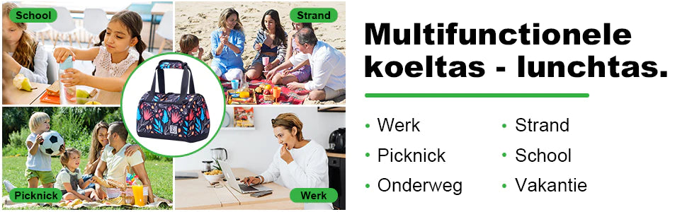 Koeltas 10L night flower - Lunchtas - 4-laags geïsoleerd - 2 gratis koelelementen - incl. schouderband