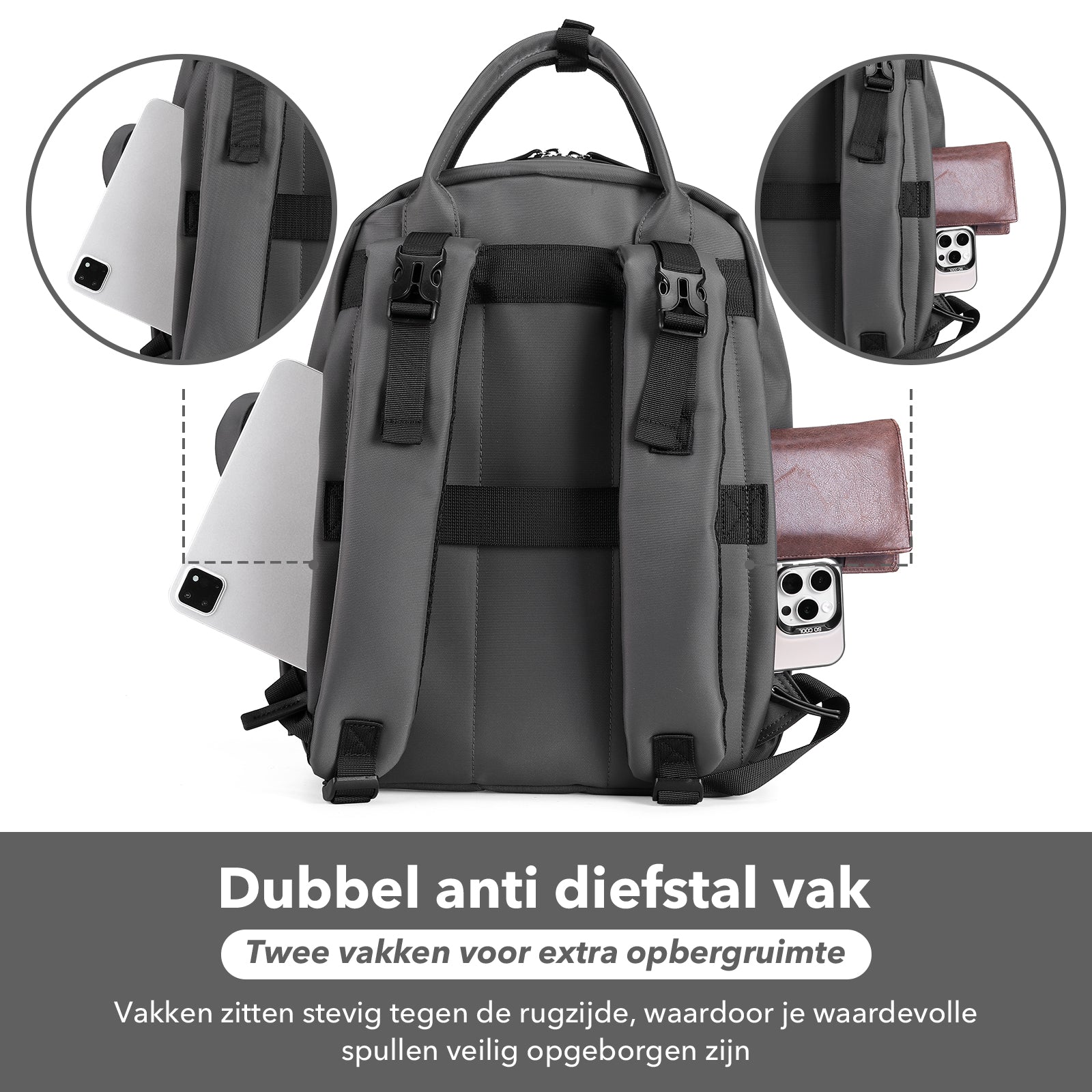 Premium luiertas donkergrijs - uitgebreide en functionele verzorgingstas - met buggymontage - anti diefstal vakken - reistrolley sleeve - incl. verschoonmatje en speenhouder - levenslange garantie