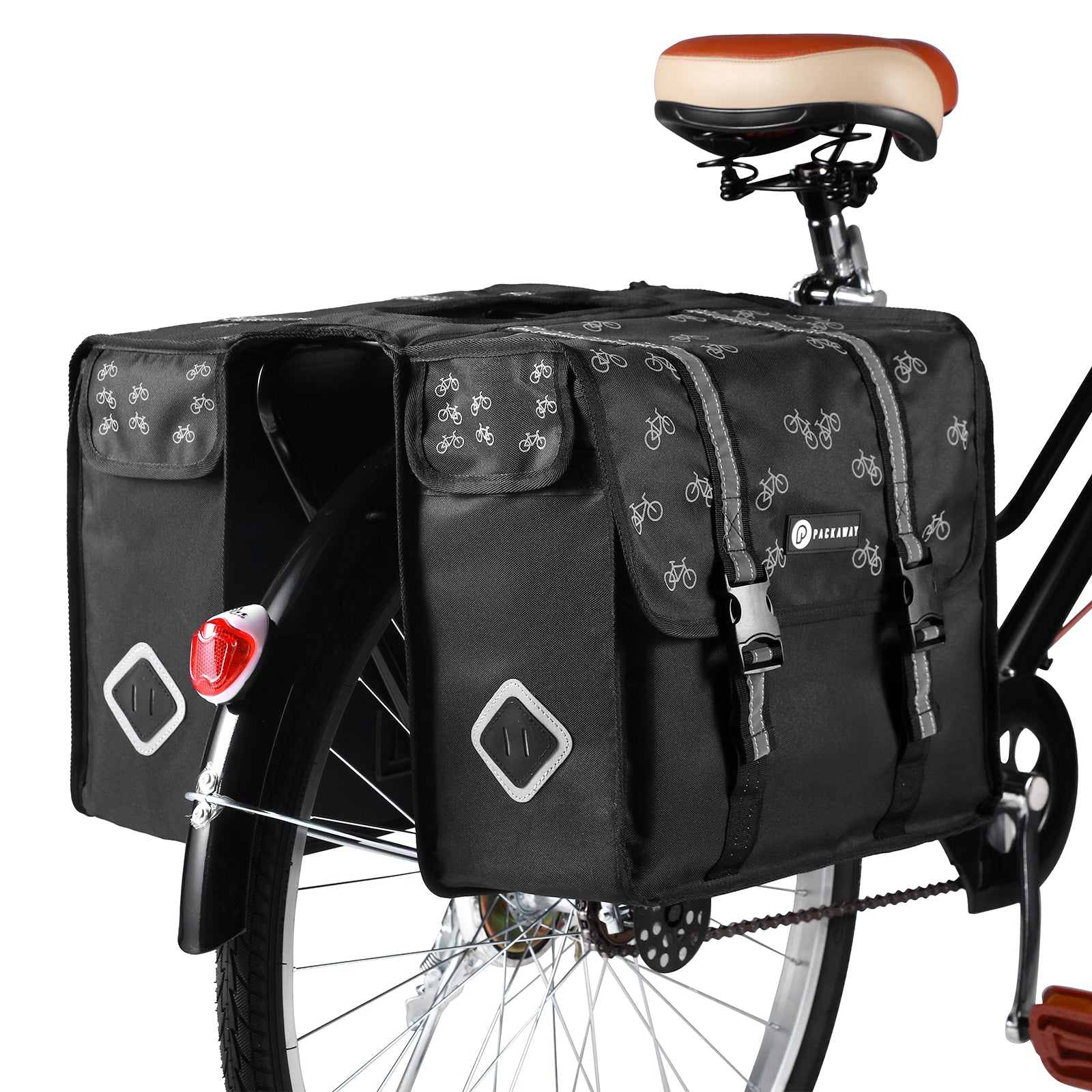 Packaway Double Panniers with Cooler Compartment - Removable Cooler Bag - Waterproof - Bicycle Pattern - 36L - Black