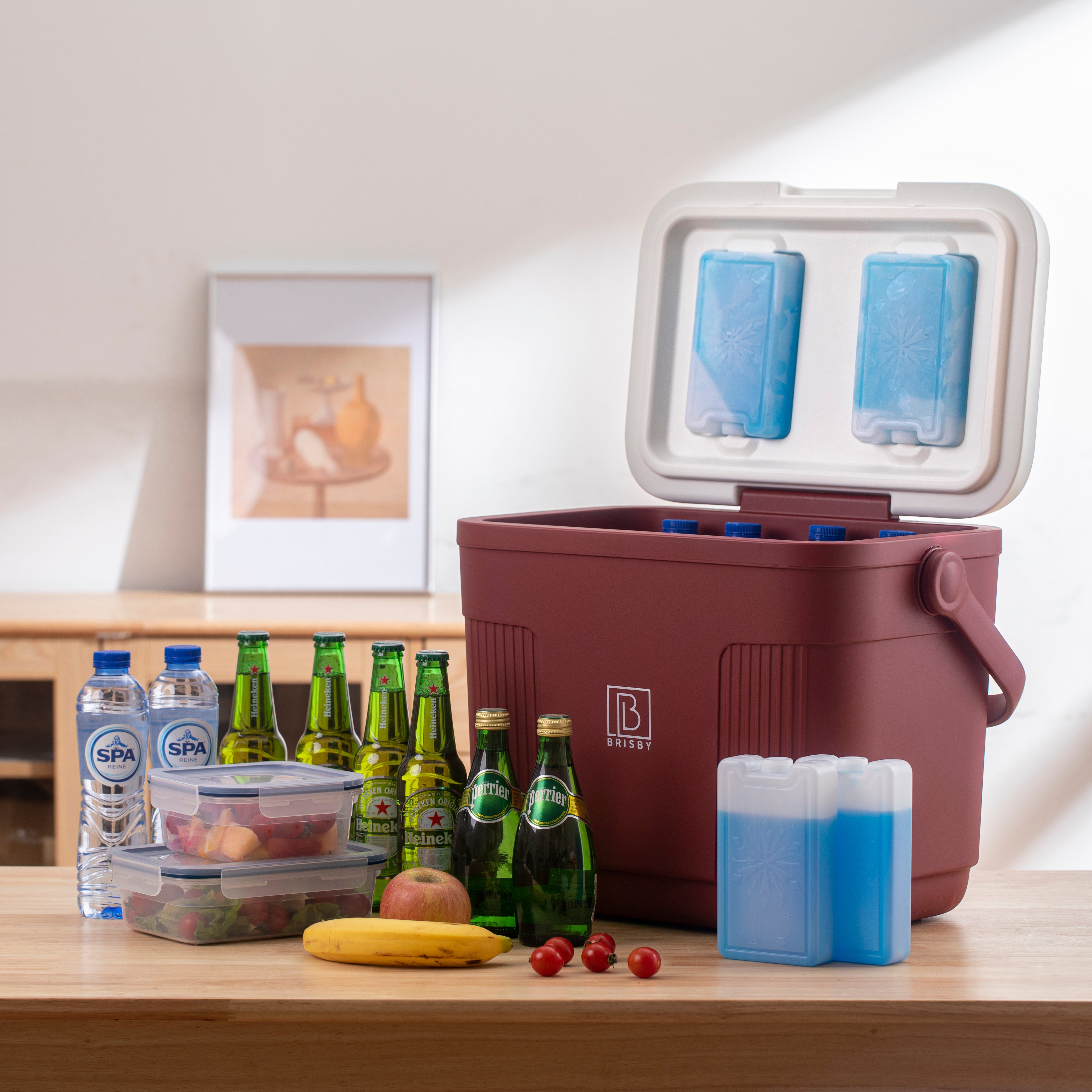 Koelbox 22L rood SET - Tot maximaal 40 uur isolatie - incl. 4 450ml koelelementen en 2 zwarte 500ml thermosflessen