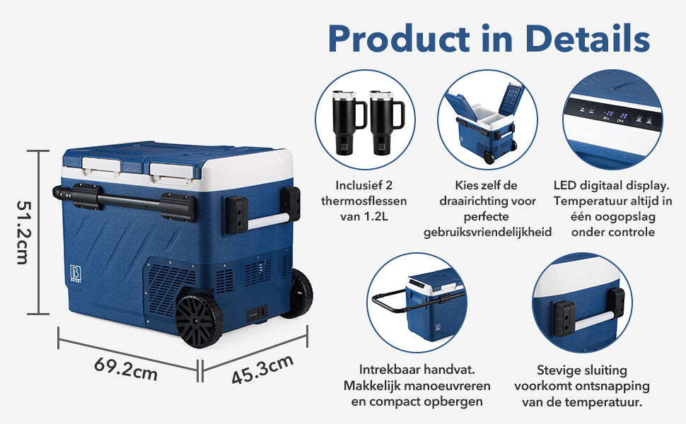 Compressor koelbox 49,1L - Dual zone - koelen en vriezen - 12V en 230V - verrijdbaar - incl. 2x 1,2L thermosbekers