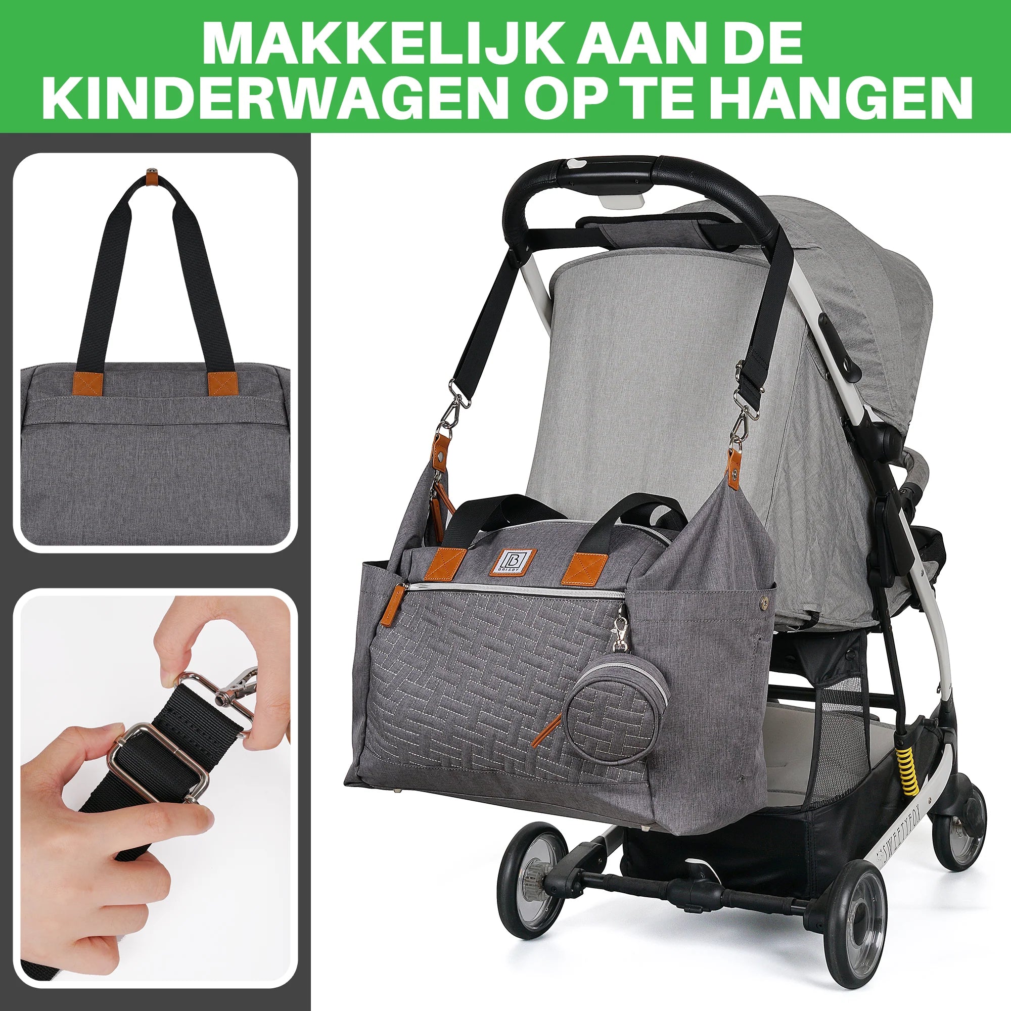 Duffel durable diaper bag gray - large nursing bag - Incl. changing mat, insulated compartments and pacifier holder