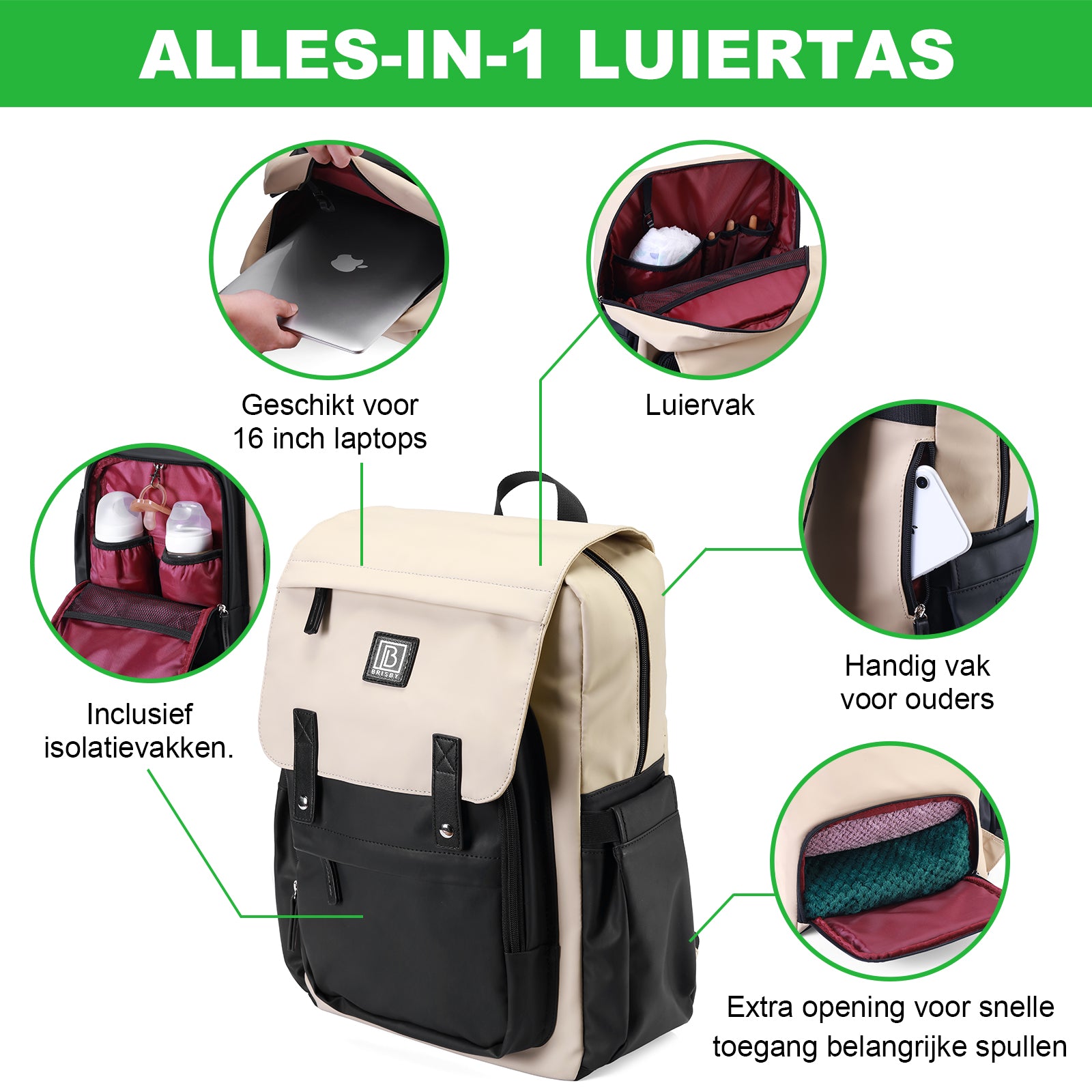 Two-tone slijtvaste luiertas crème en zwart - Verzorgingstas - incl. buggymontage en verschoningsmat