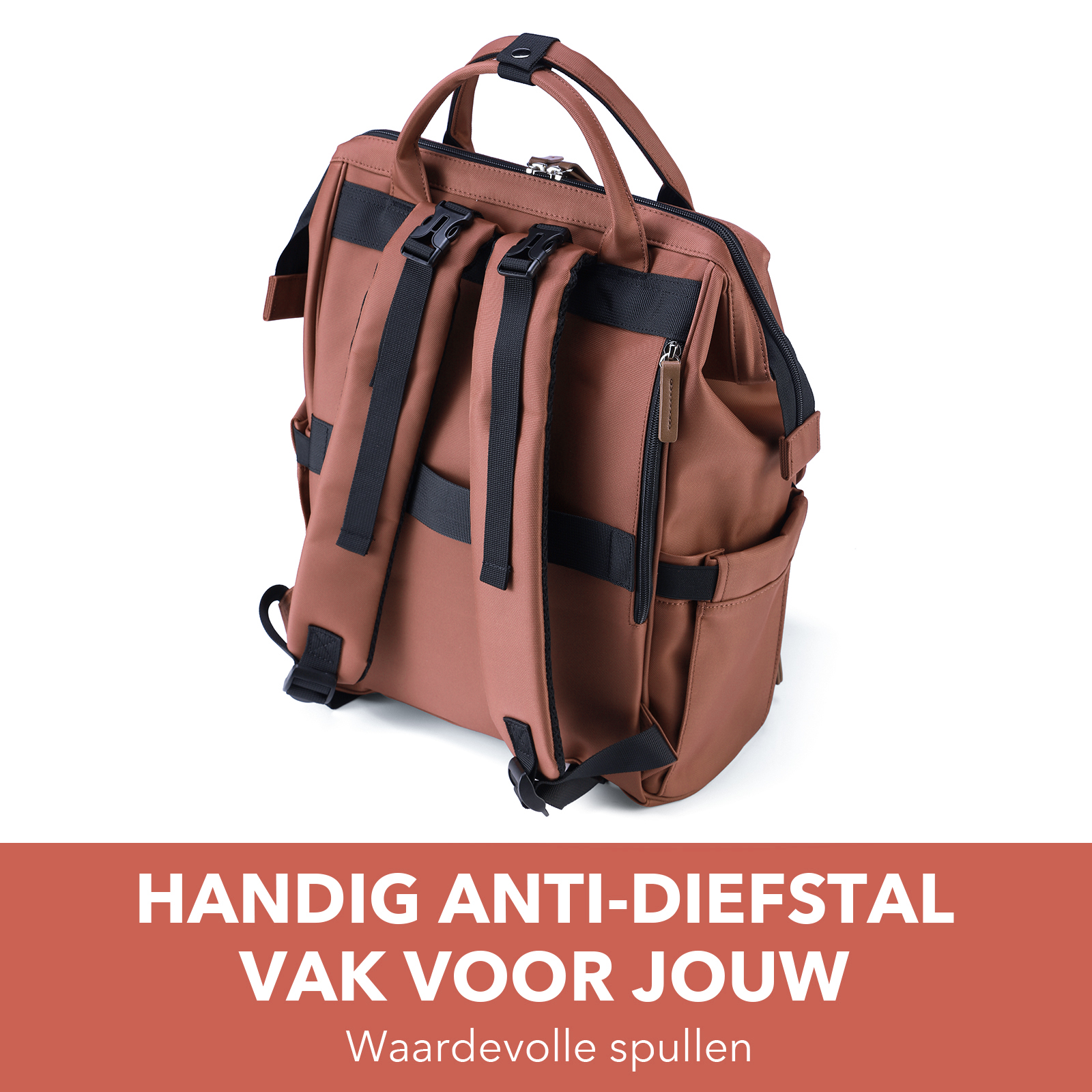 Stayopen luiertas roodbruin - Verzorgingstas - stay-open frame - USB oplaadfunctie - incl. buggymontage en verschoonmat