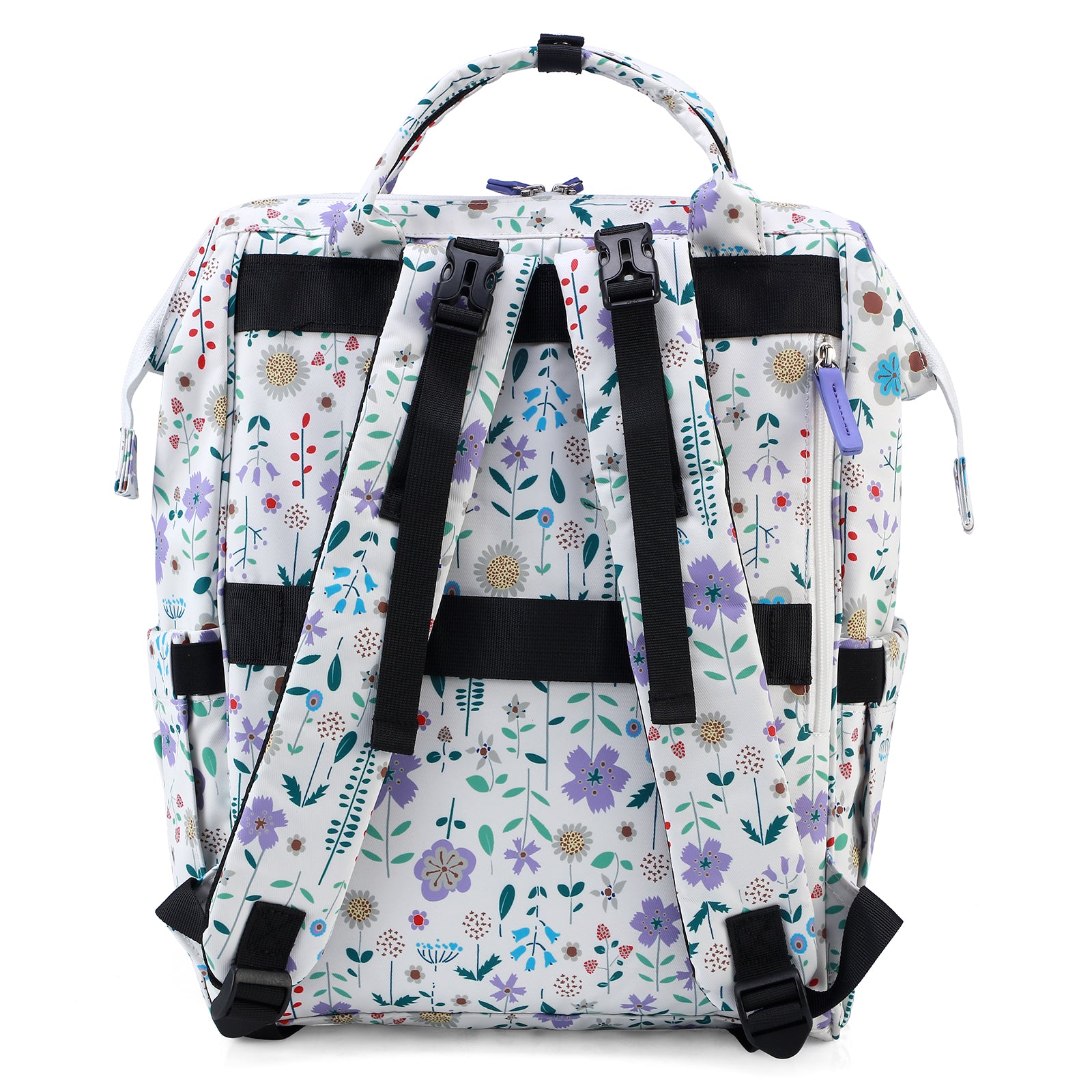 Stayopen luiertas purple flower - Verzorgingstas - stay-open frame - USB oplaadfunctie - incl. buggymontage en verschoonmat